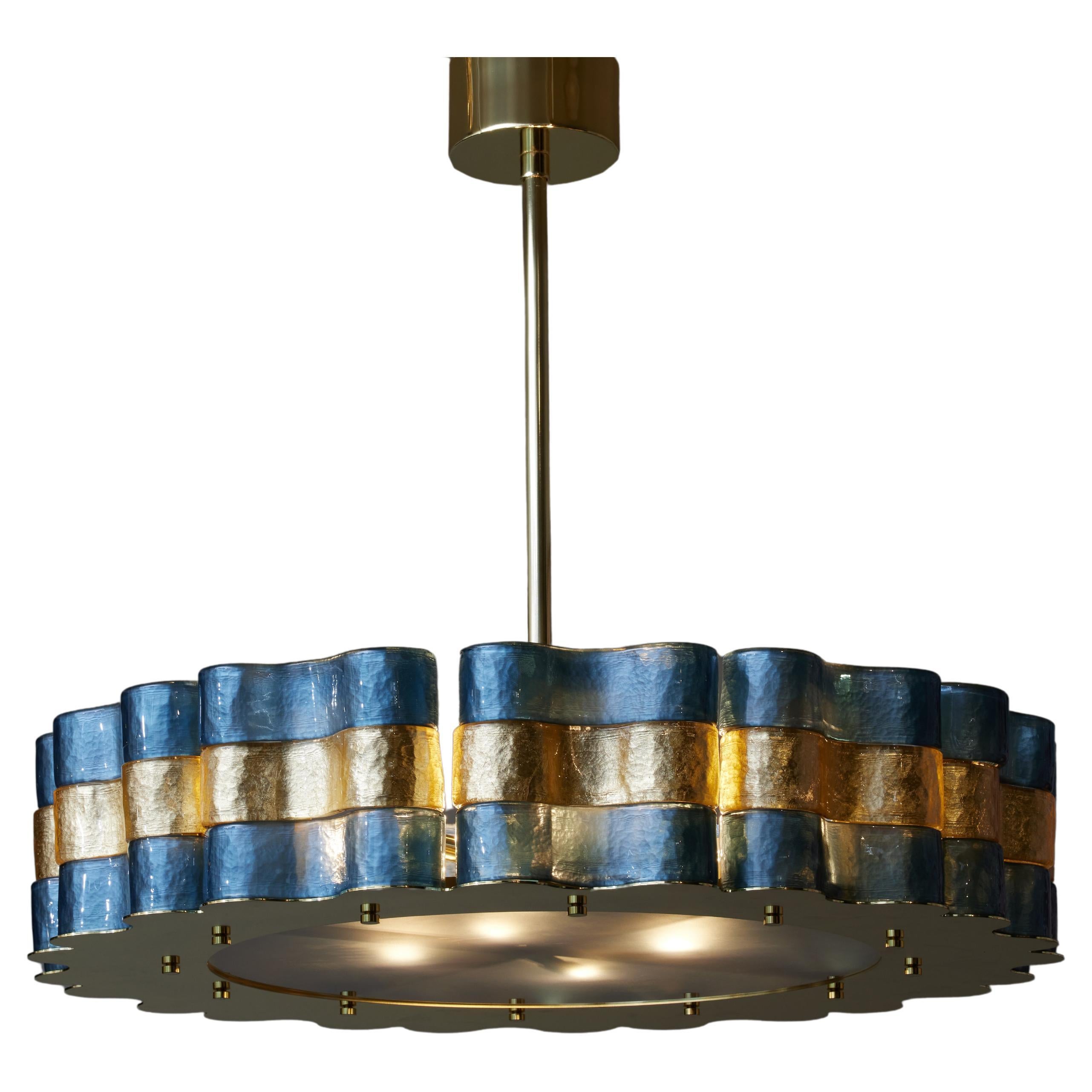 Brass and Murano Glass Blue and Gold Round Chandelier