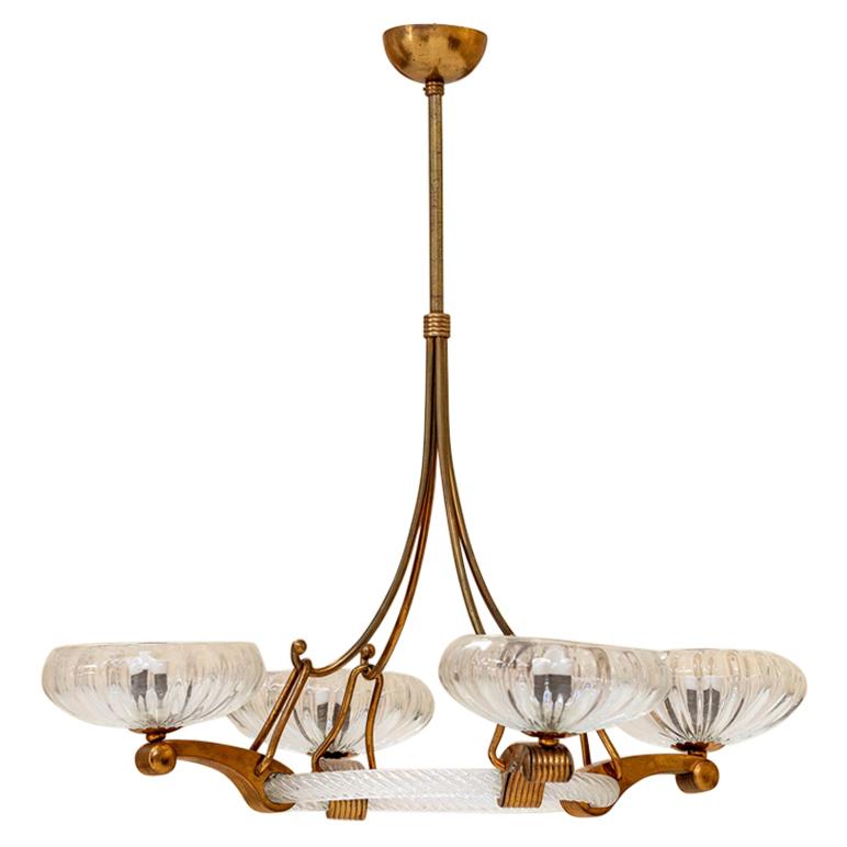 Brass and Murano Glass Chandelier Attributed to Barovier