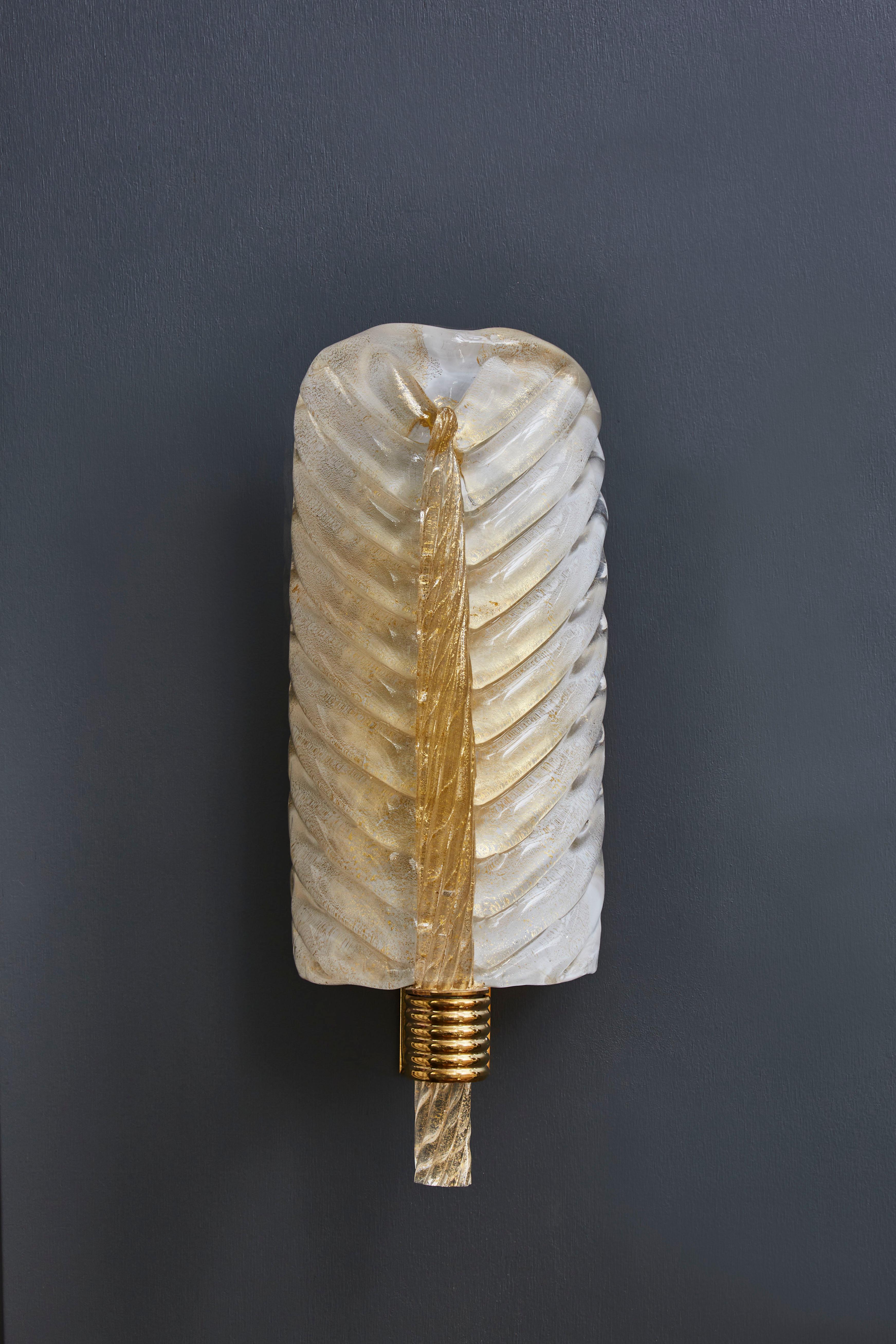 Italian Brass and Murano Glass Leaves Wall Sconces For Sale