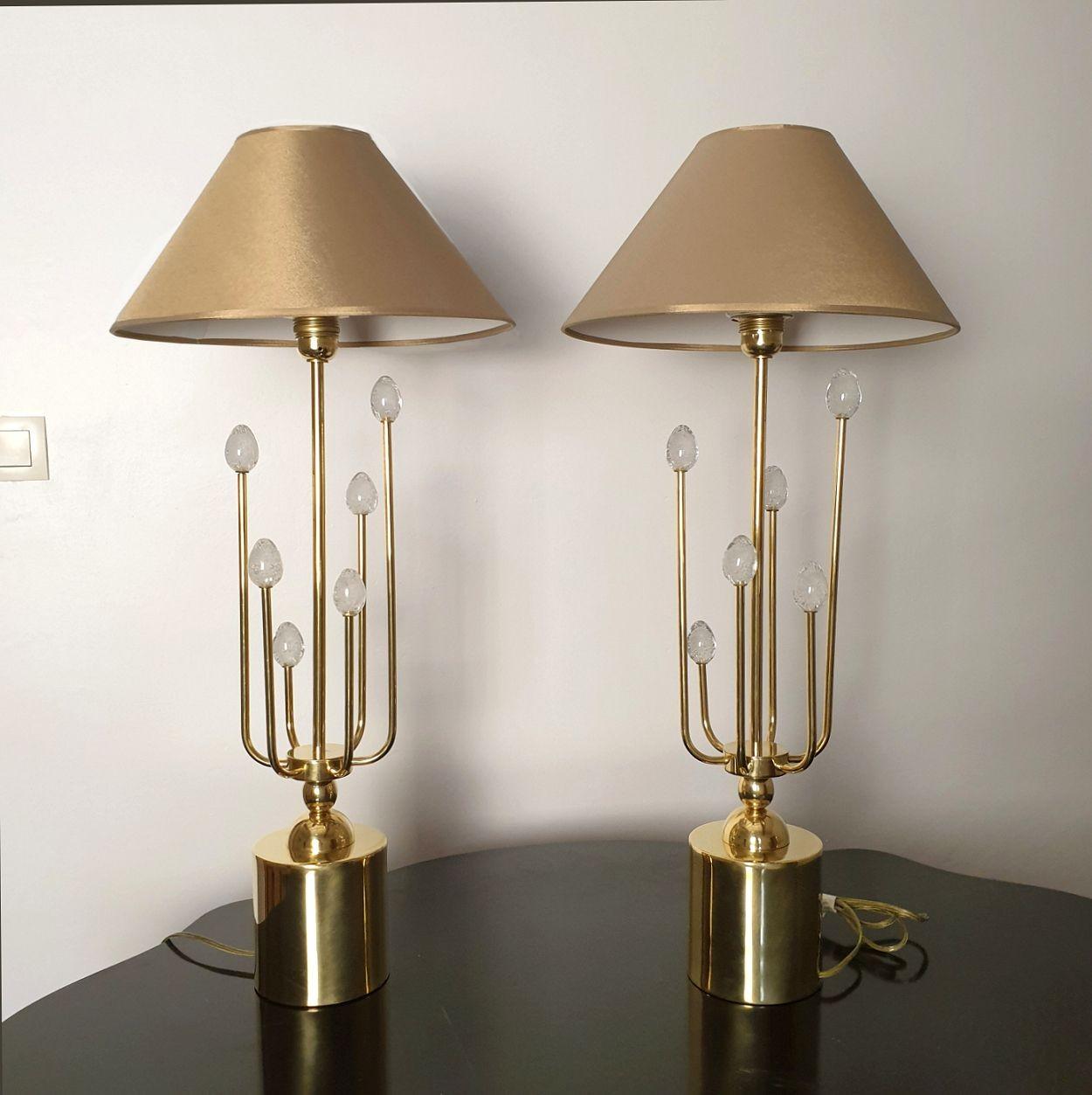 Mid-Century Modern Brass and Murano glass table lamps, Italy - a pair For Sale