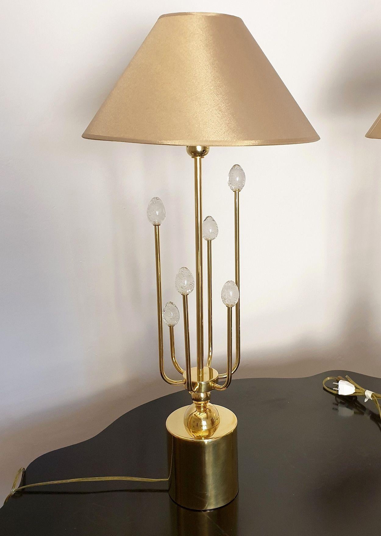 Late 20th Century Brass and Murano glass table lamps, Italy - a pair For Sale