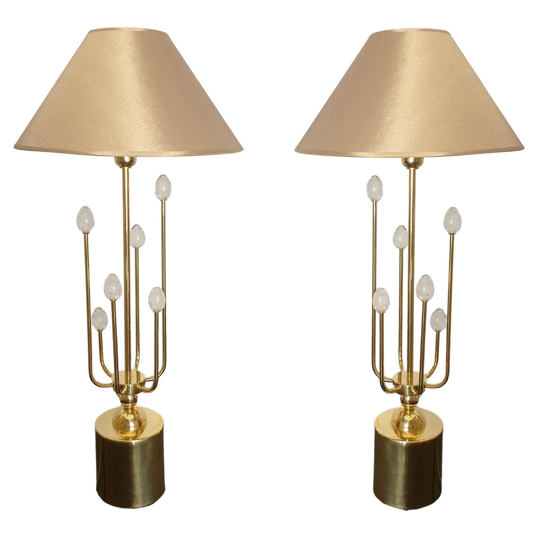 Brass and Murano glass table lamps, Italy - a pair For Sale