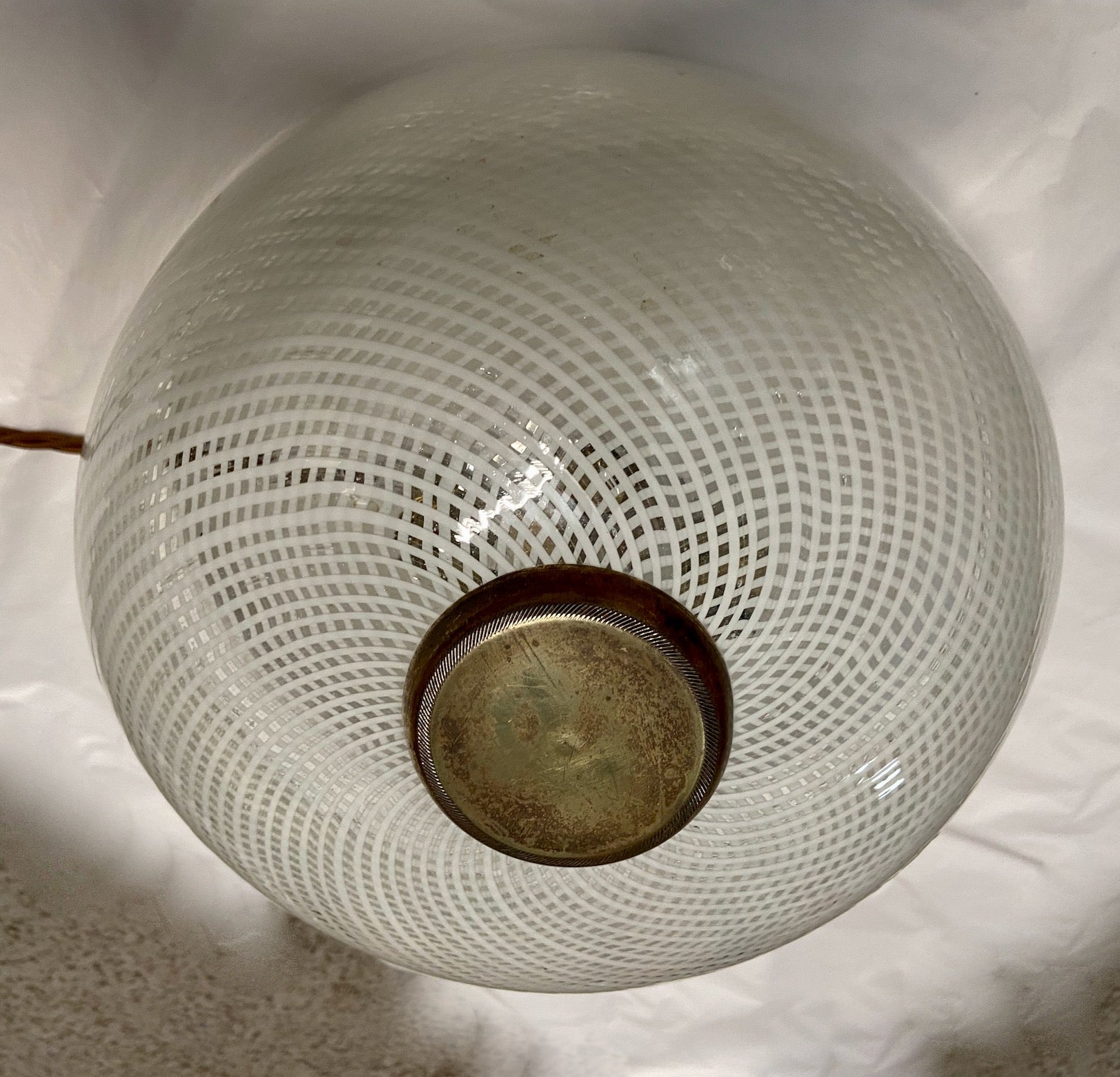 Mid-Century Modern Small Brass and Murano Reticello Glass Flush Mount Light attributed to Venini