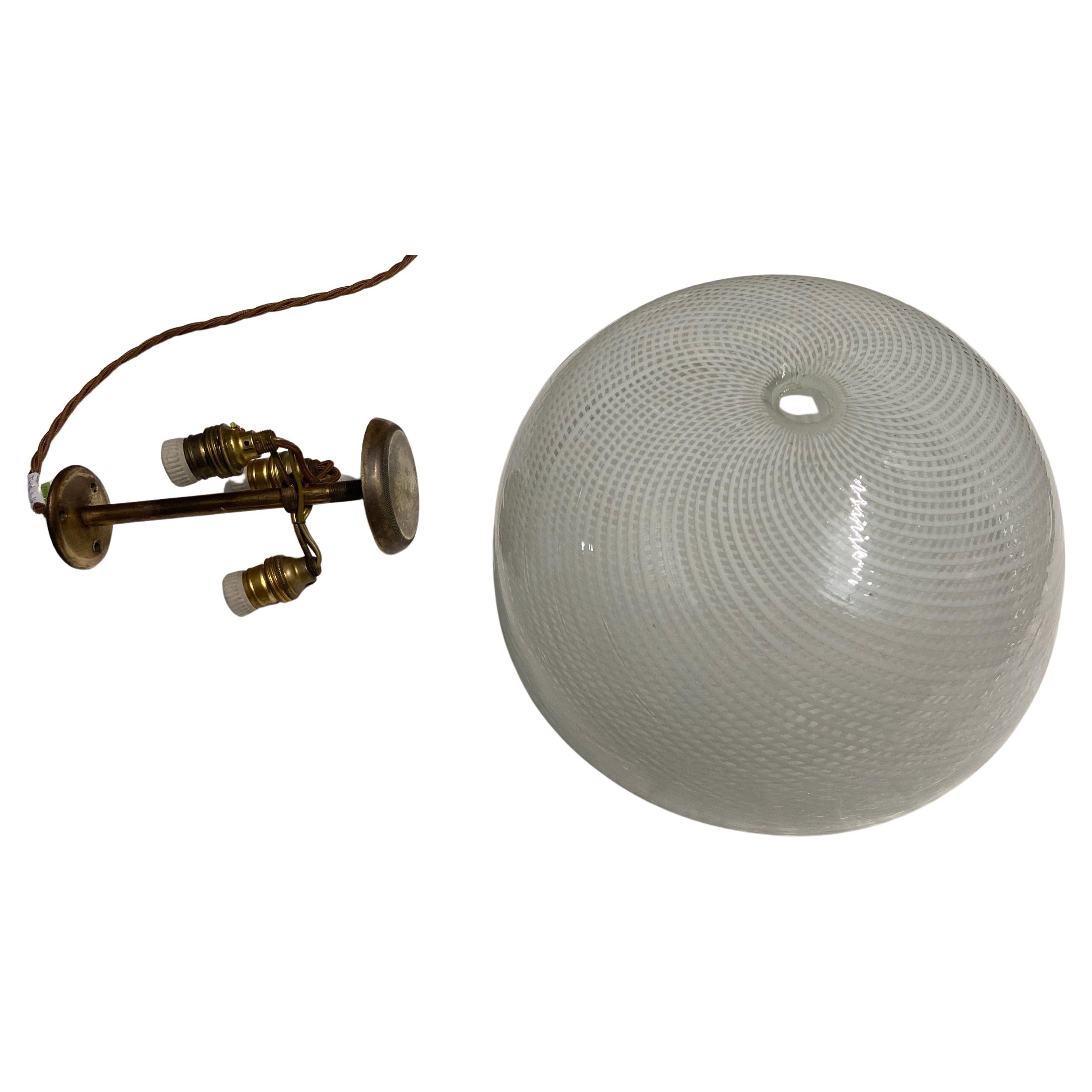 Italian Small Brass and Murano Reticello Glass Flush Mount Light attributed to Venini