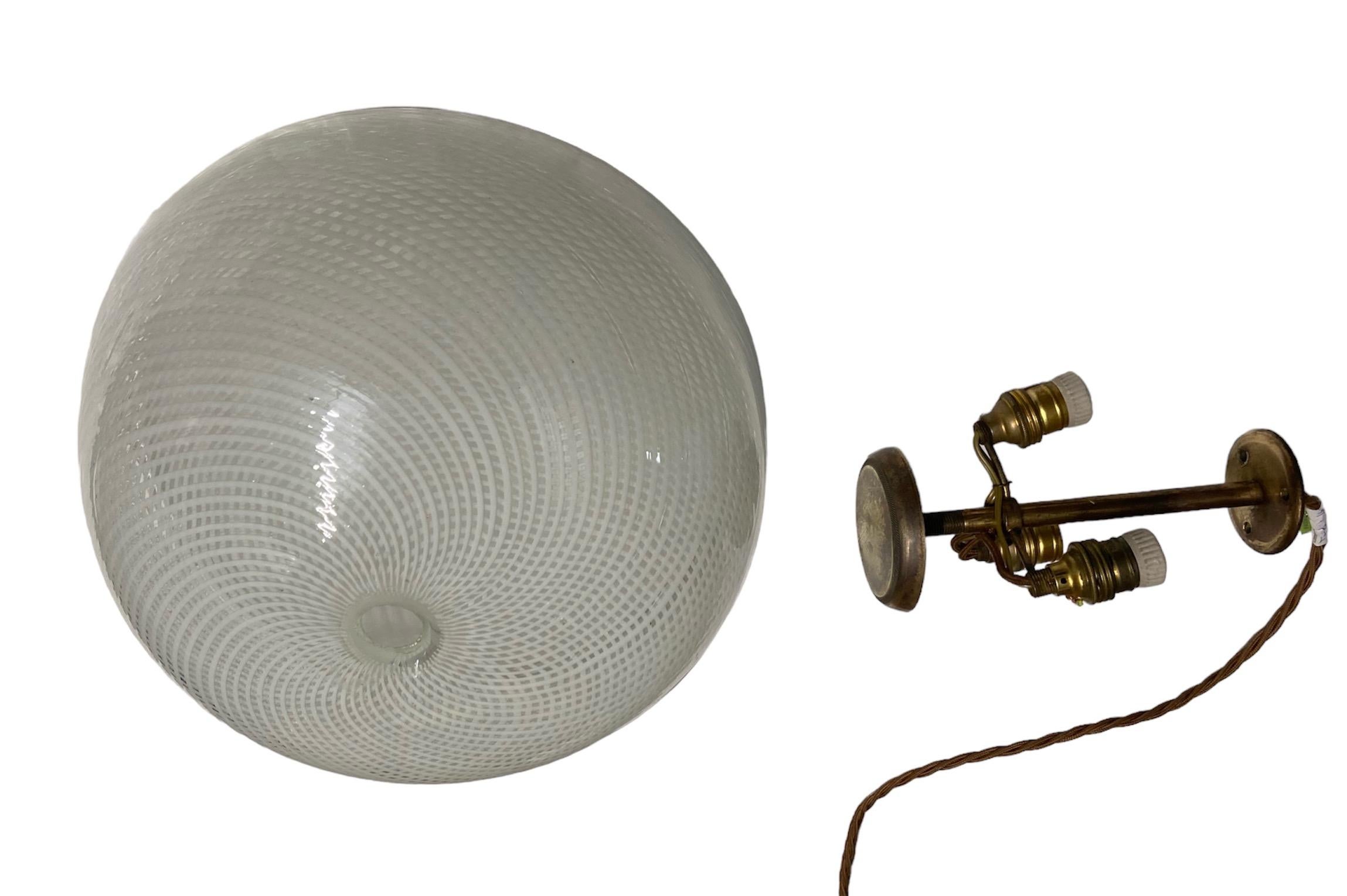 Murano Glass Small Brass and Murano Reticello Glass Flush Mount Light attributed to Venini