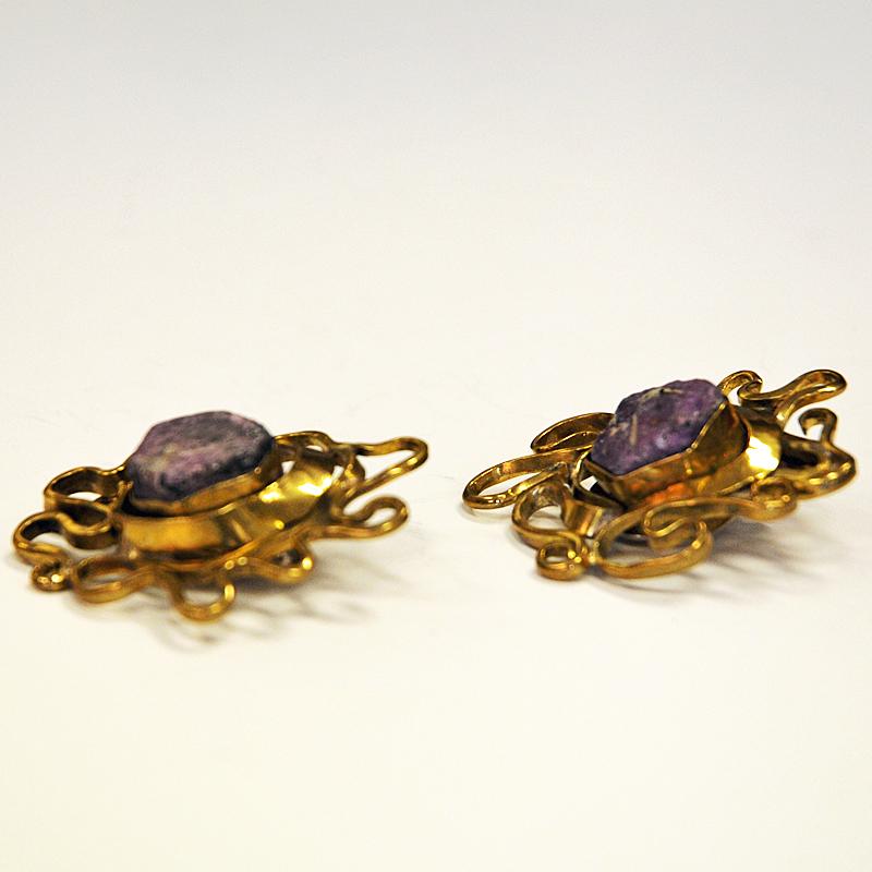 Norwegian Brass and Naturestone vintage Clip Earrings by Anna Greta Eker, Norway, 1960s For Sale