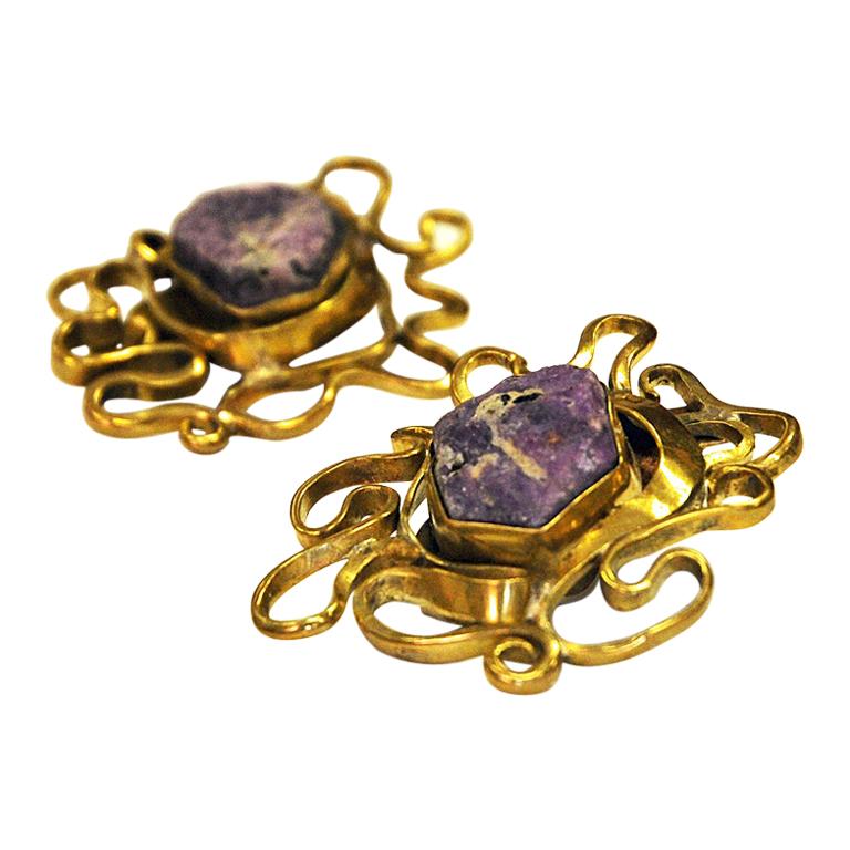 Brass and Naturestone vintage Clip Earrings by Anna Greta Eker, Norway, 1960s