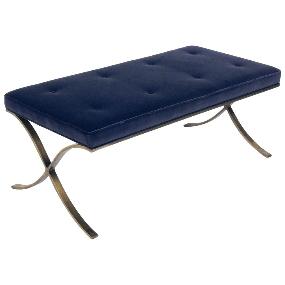 Brass and Navy Blue Velvet Barcelona Bench