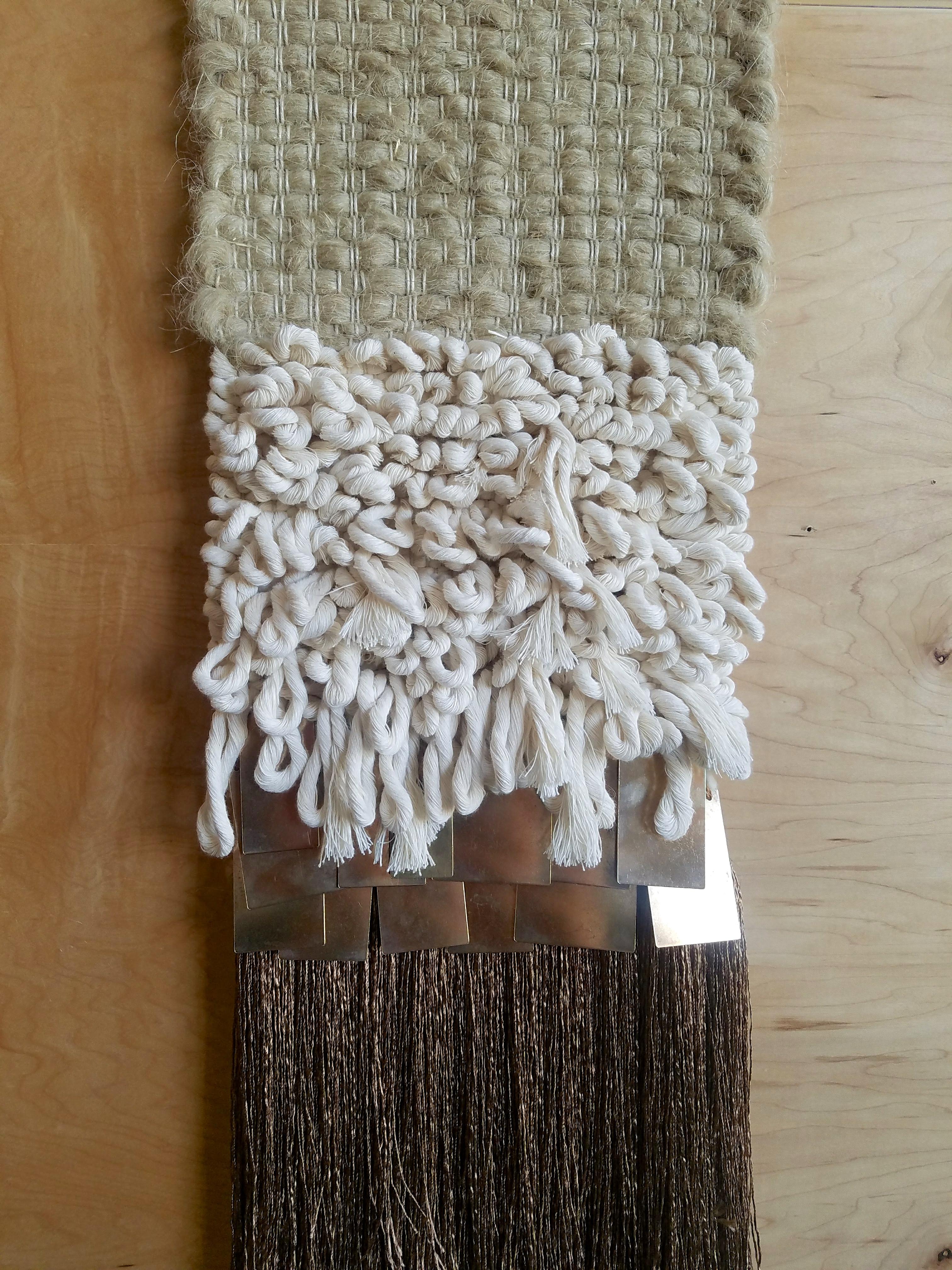 Mid-Century Modern Brass and Neutral Fiber Art Weaving by All Roads For Sale
