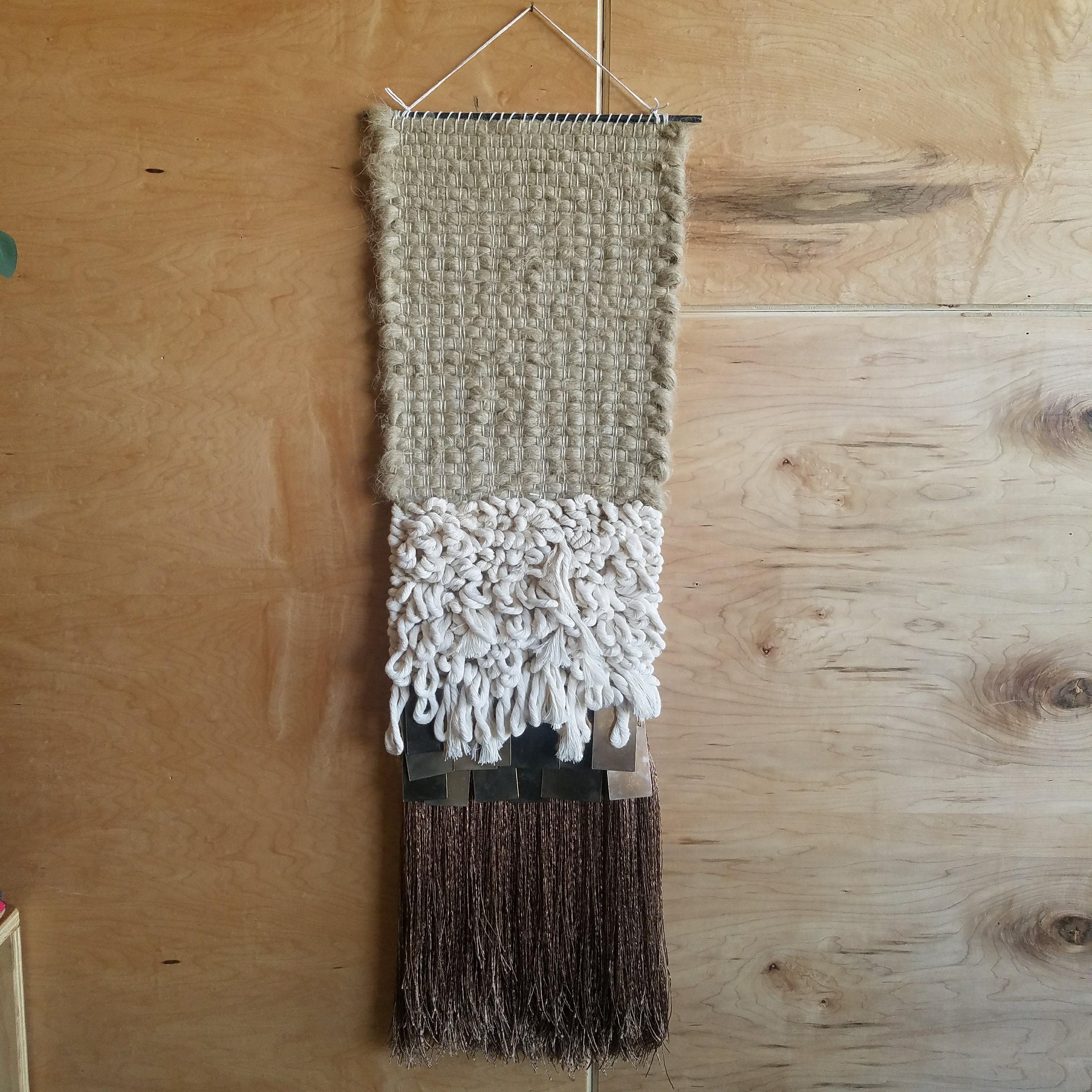 American Brass and Neutral Fiber Art Weaving by All Roads For Sale