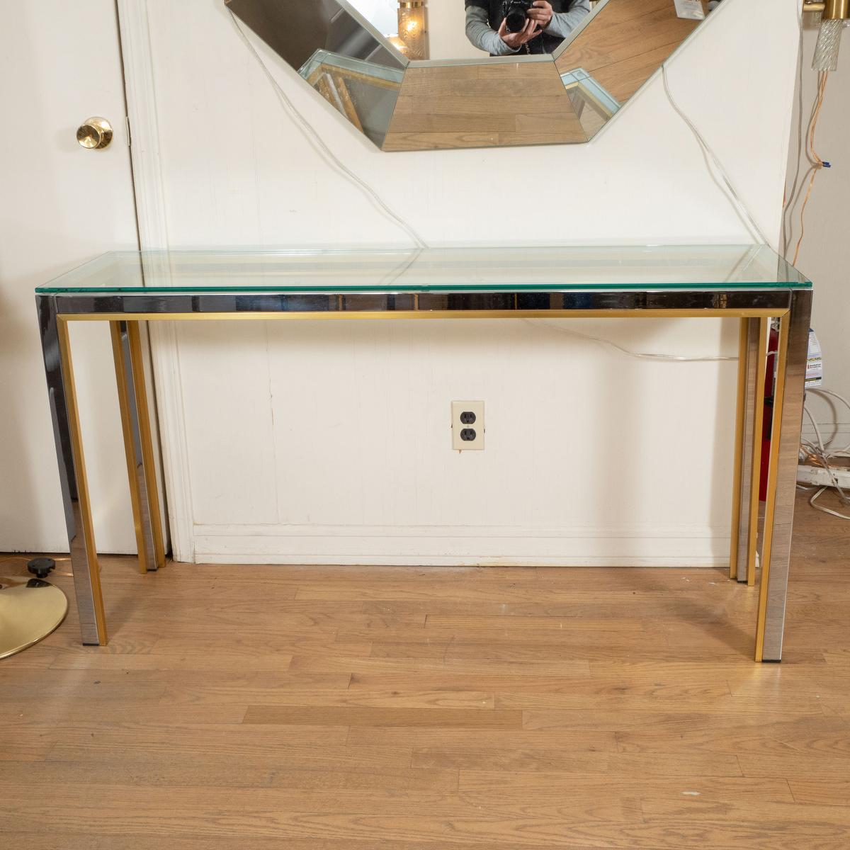 Brass and nickel rectangular console table with glass top by Willy Rizzo.