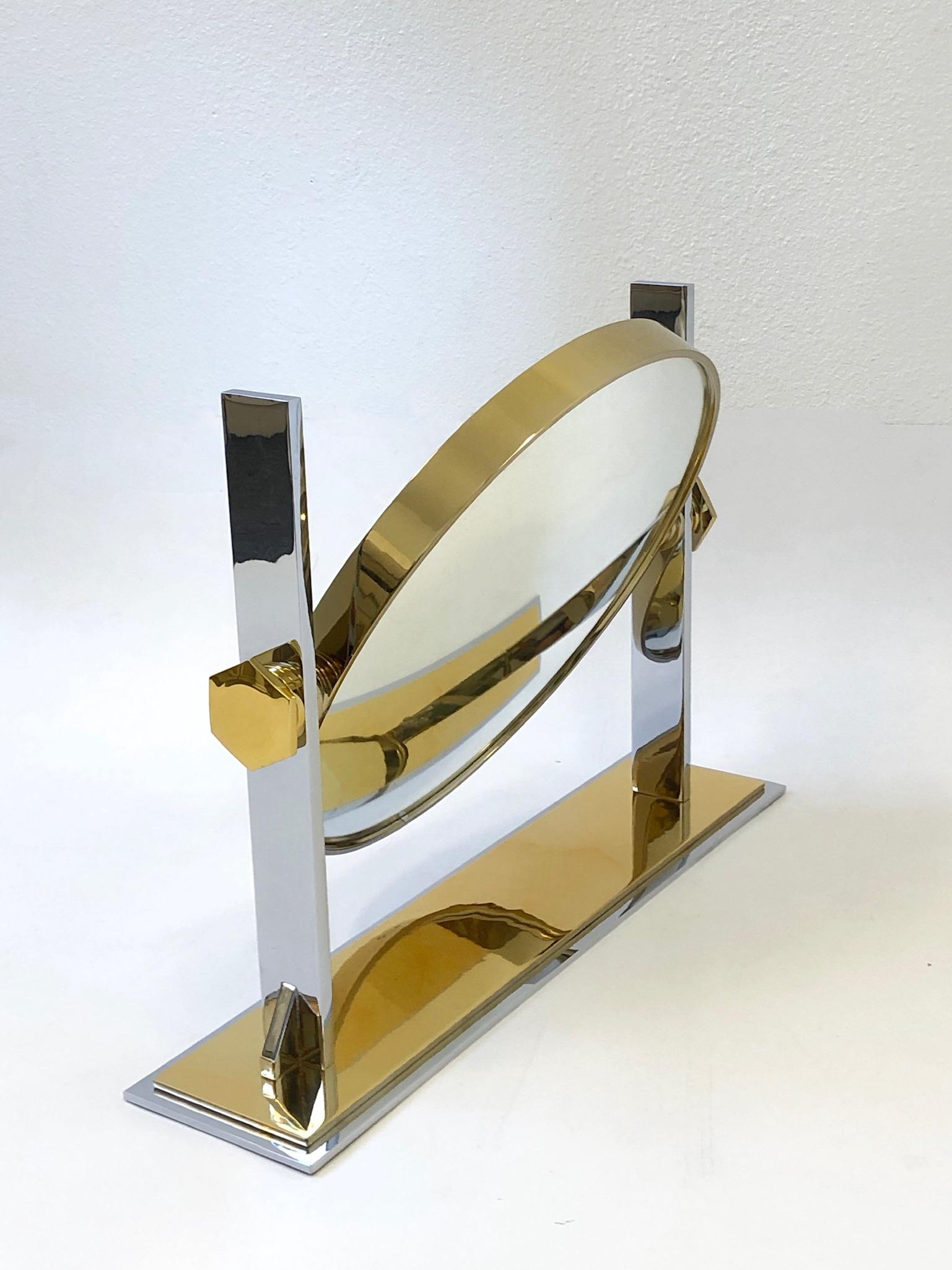 Brass and Nickel Vanity Mirror by Karl Springer  In Excellent Condition In Palm Springs, CA