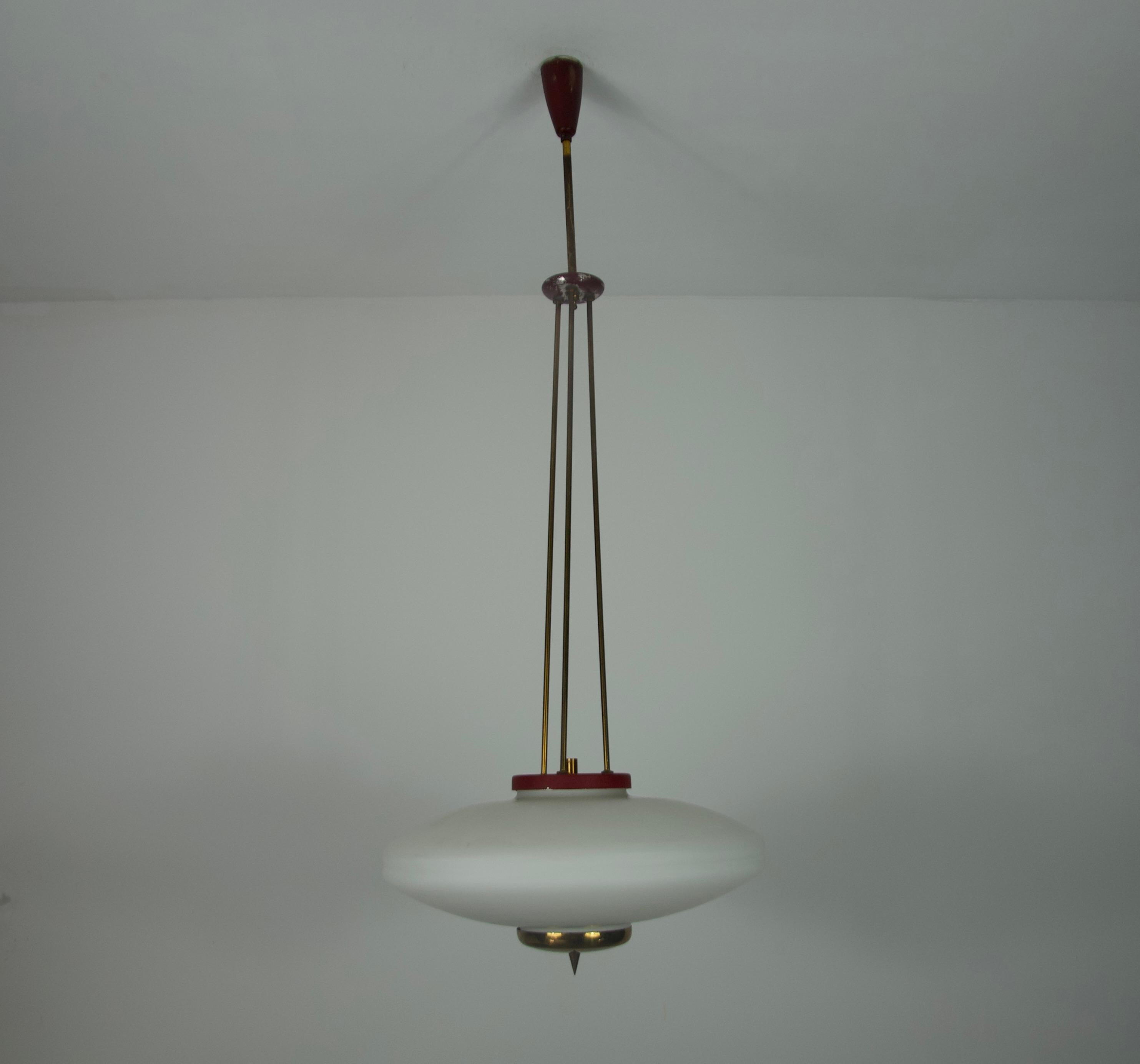 Italiano Brass and Opal Glass Ceiling Lamp by Stilnovo, Italy, 1960s in vendita