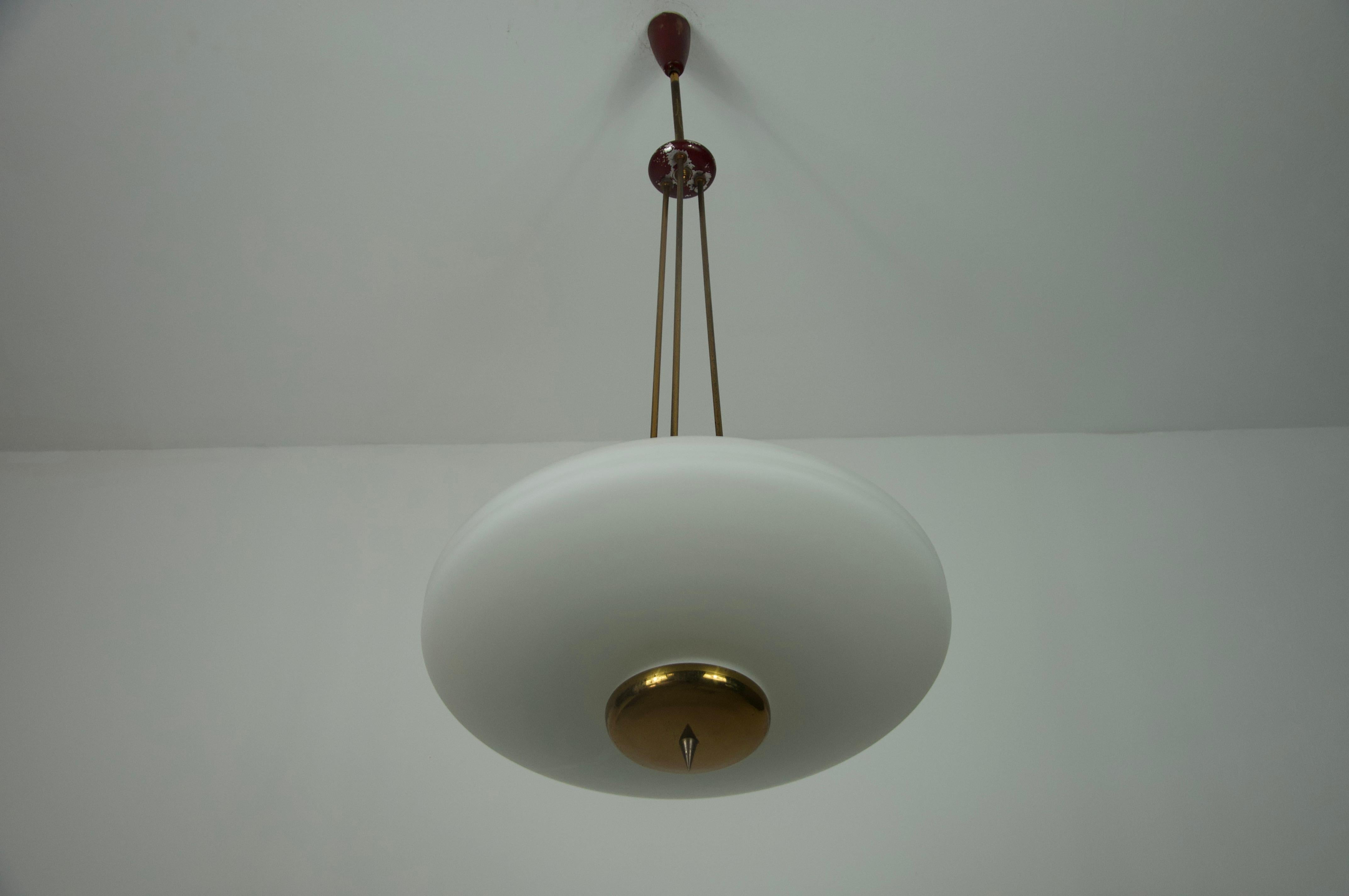 Metà XX secolo Brass and Opal Glass Ceiling Lamp by Stilnovo, Italy, 1960s in vendita