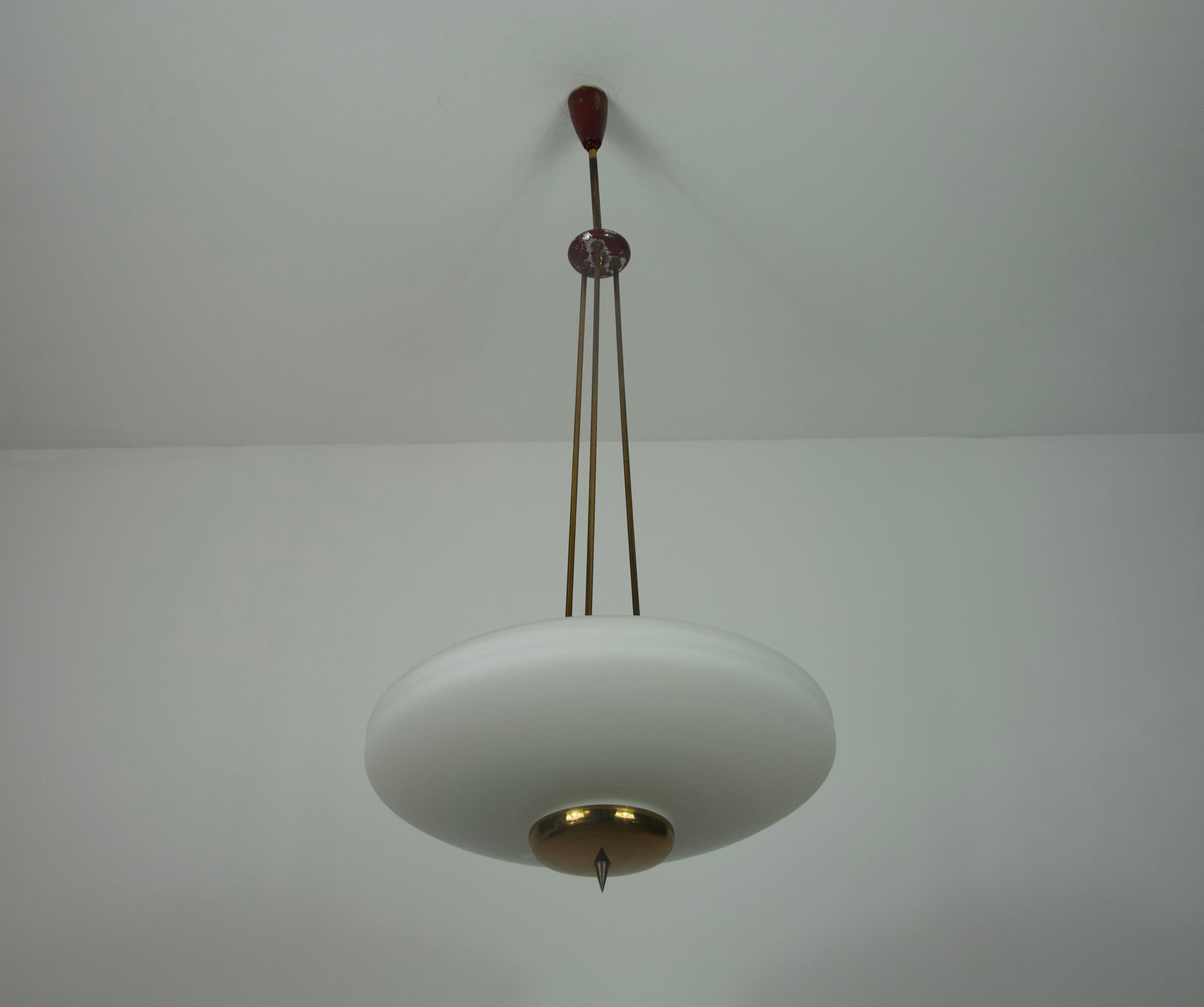 Brass and Opal Glass Ceiling Lamp by Stilnovo, Italy, 1960s in vendita 1