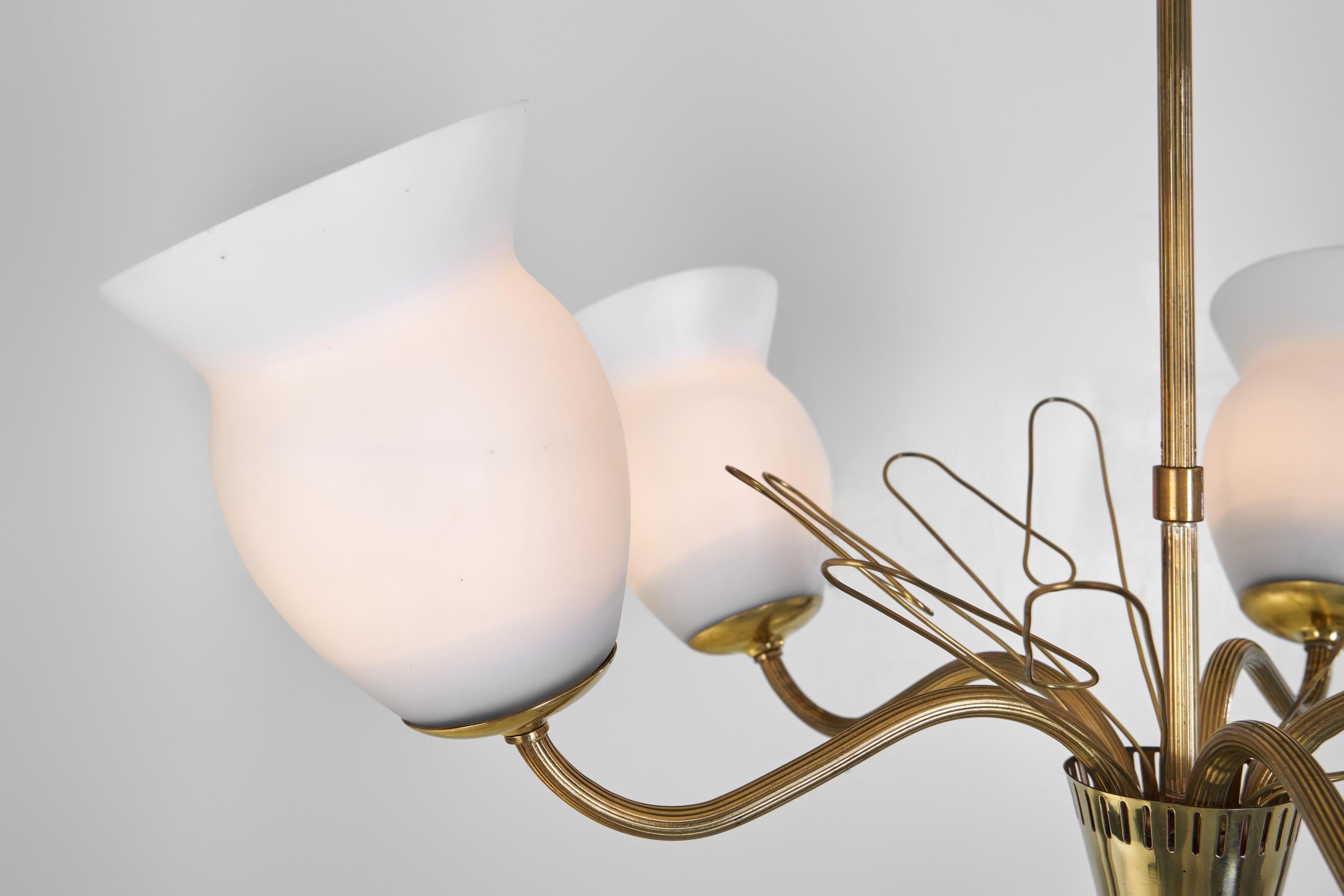Brass and Opal Glass Chandelier by Idman Oy, Finland Mid-20th Century For Sale 5