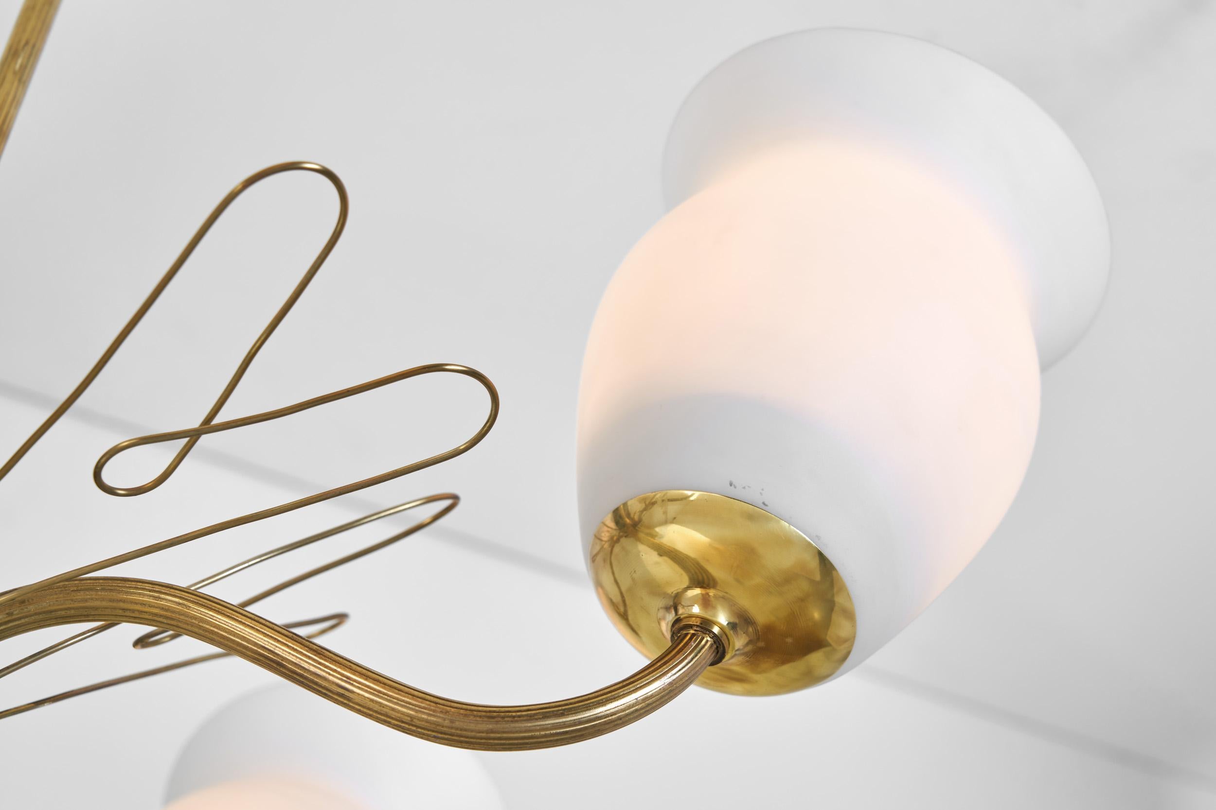 Brass and Opal Glass Chandelier by Idman Oy, Finland Mid-20th Century For Sale 6