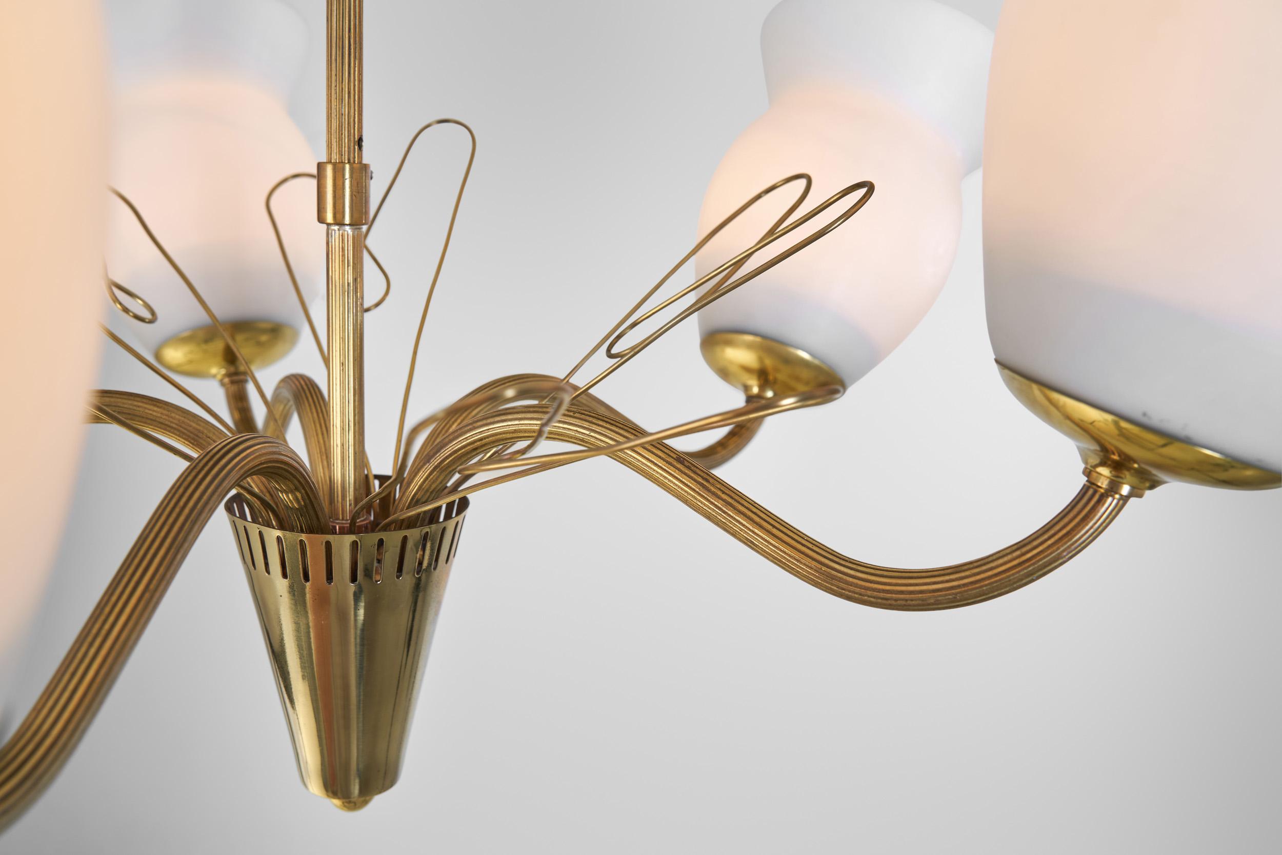 Brass and Opal Glass Chandelier by Idman Oy, Finland Mid-20th Century For Sale 8