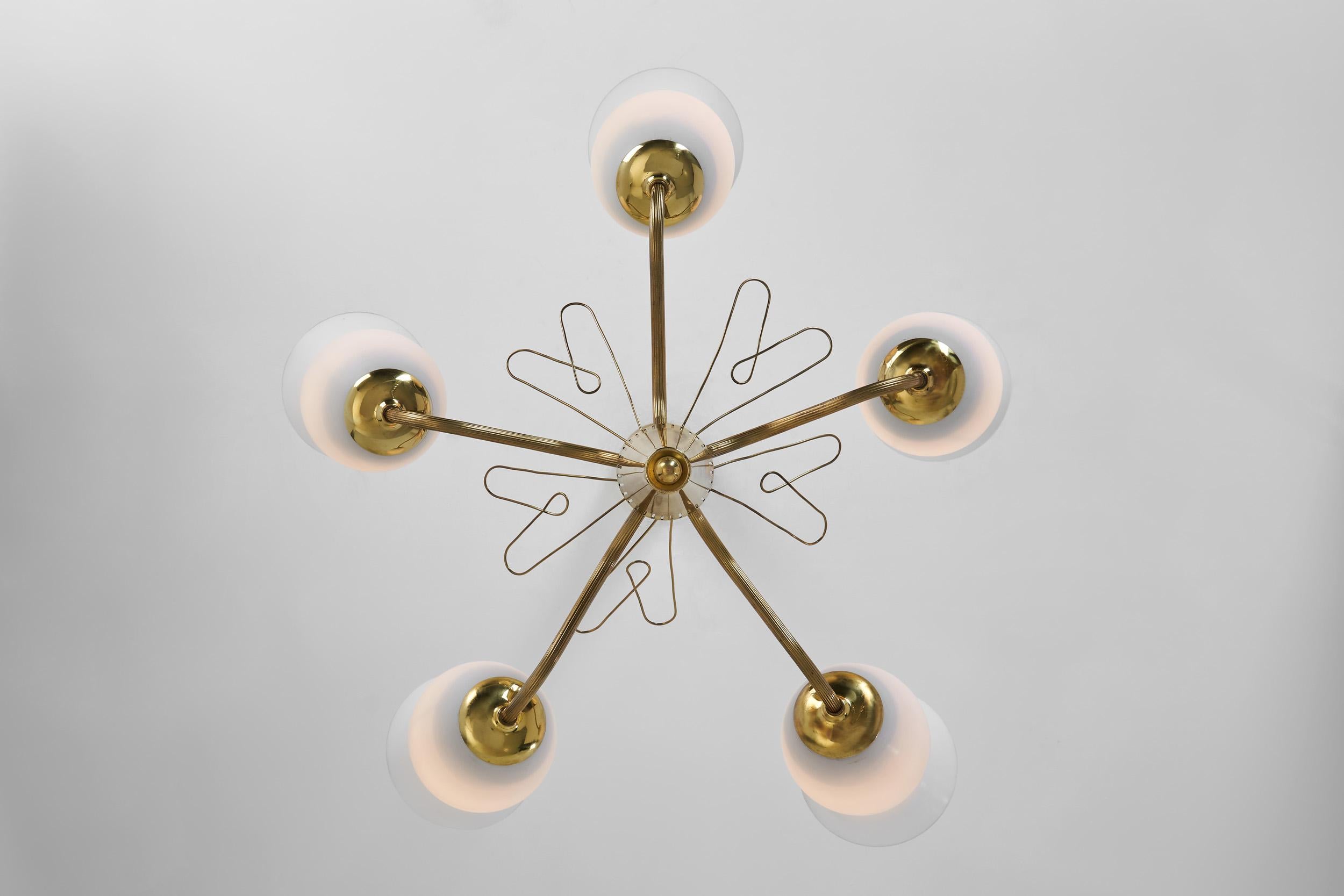 Brass and Opal Glass Chandelier by Idman Oy, Finland Mid-20th Century For Sale 9