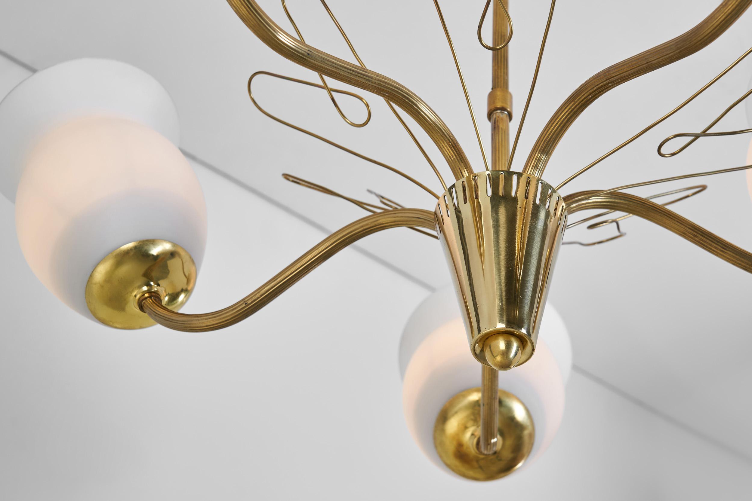 Brass and Opal Glass Chandelier by Idman Oy, Finland Mid-20th Century For Sale 10