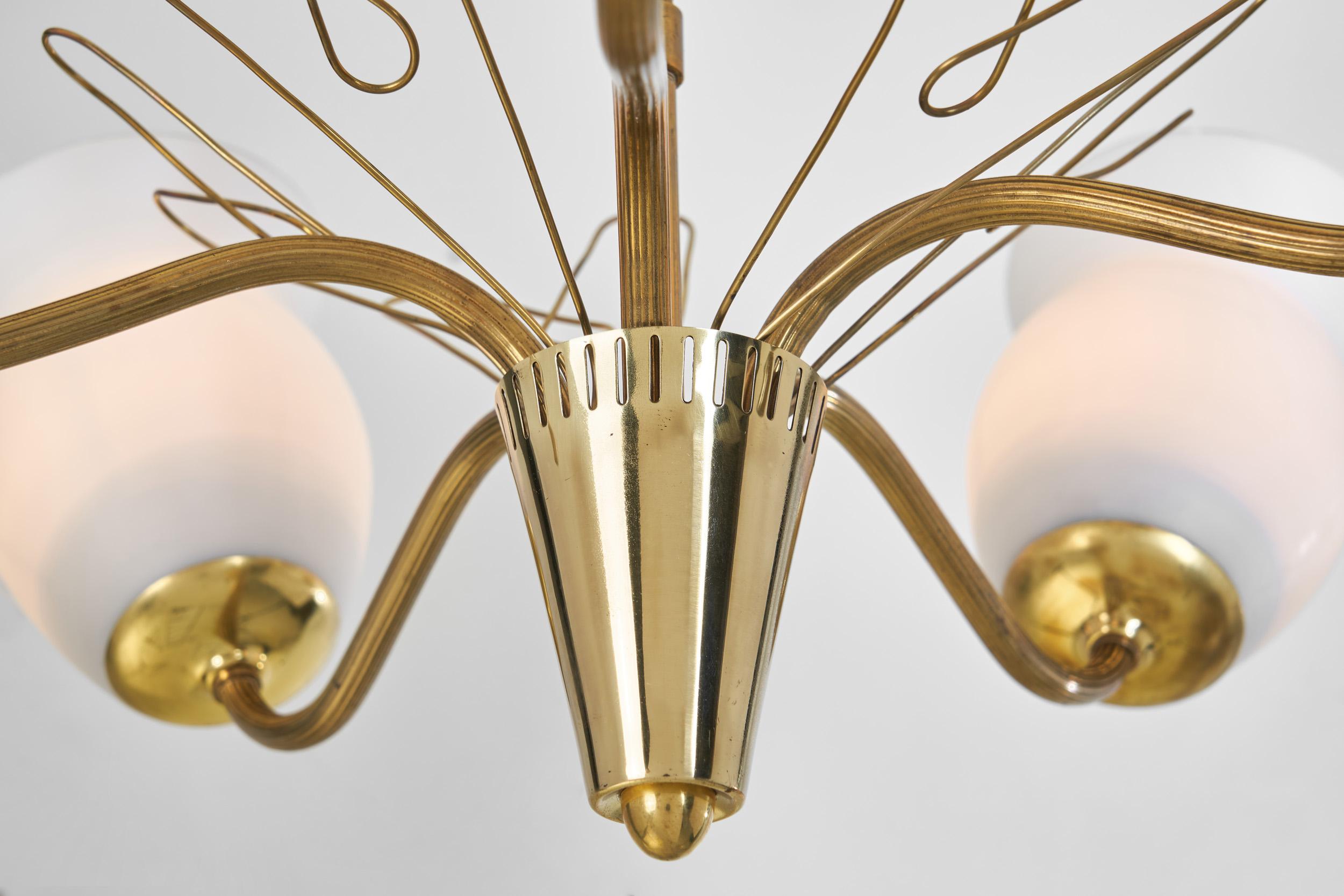Brass and Opal Glass Chandelier by Idman Oy, Finland Mid-20th Century For Sale 11