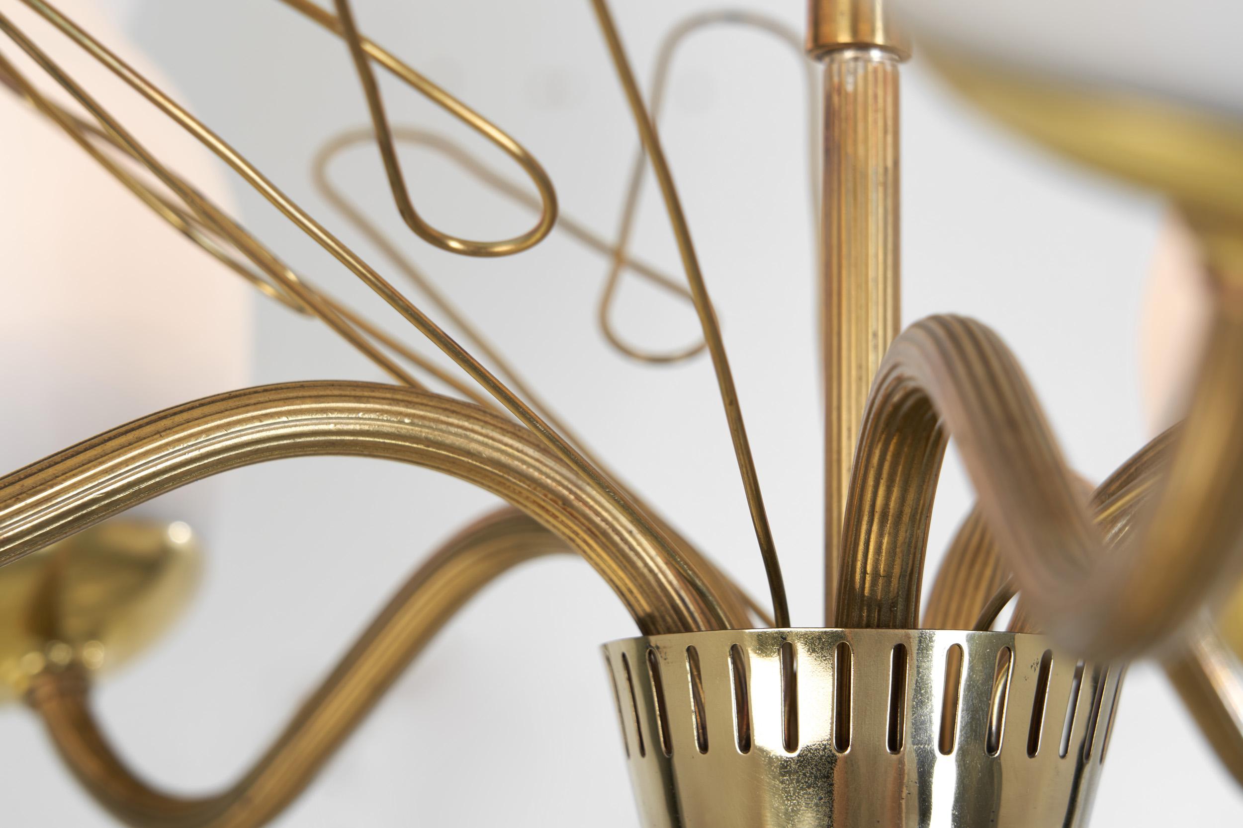Brass and Opal Glass Chandelier by Idman Oy, Finland Mid-20th Century For Sale 12