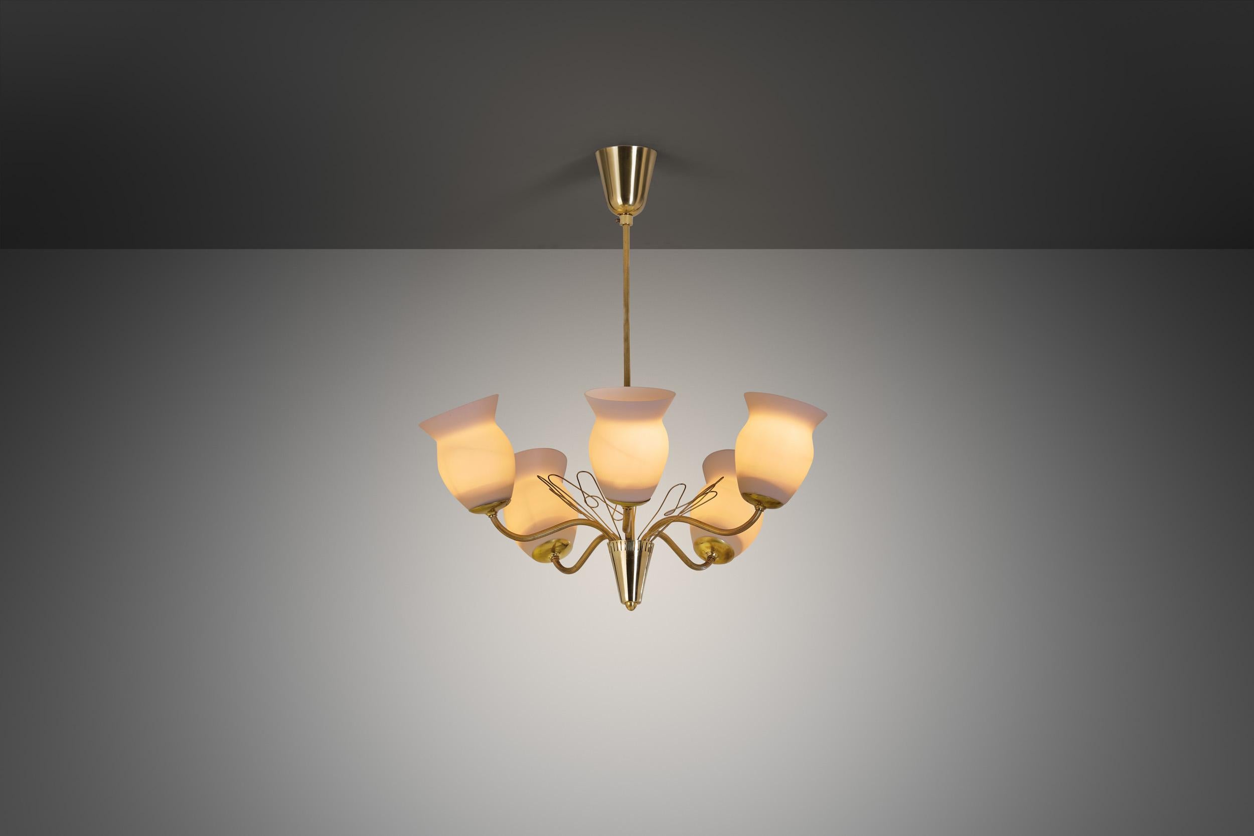 Finnish Brass and Opal Glass Chandelier by Idman Oy, Finland Mid-20th Century For Sale