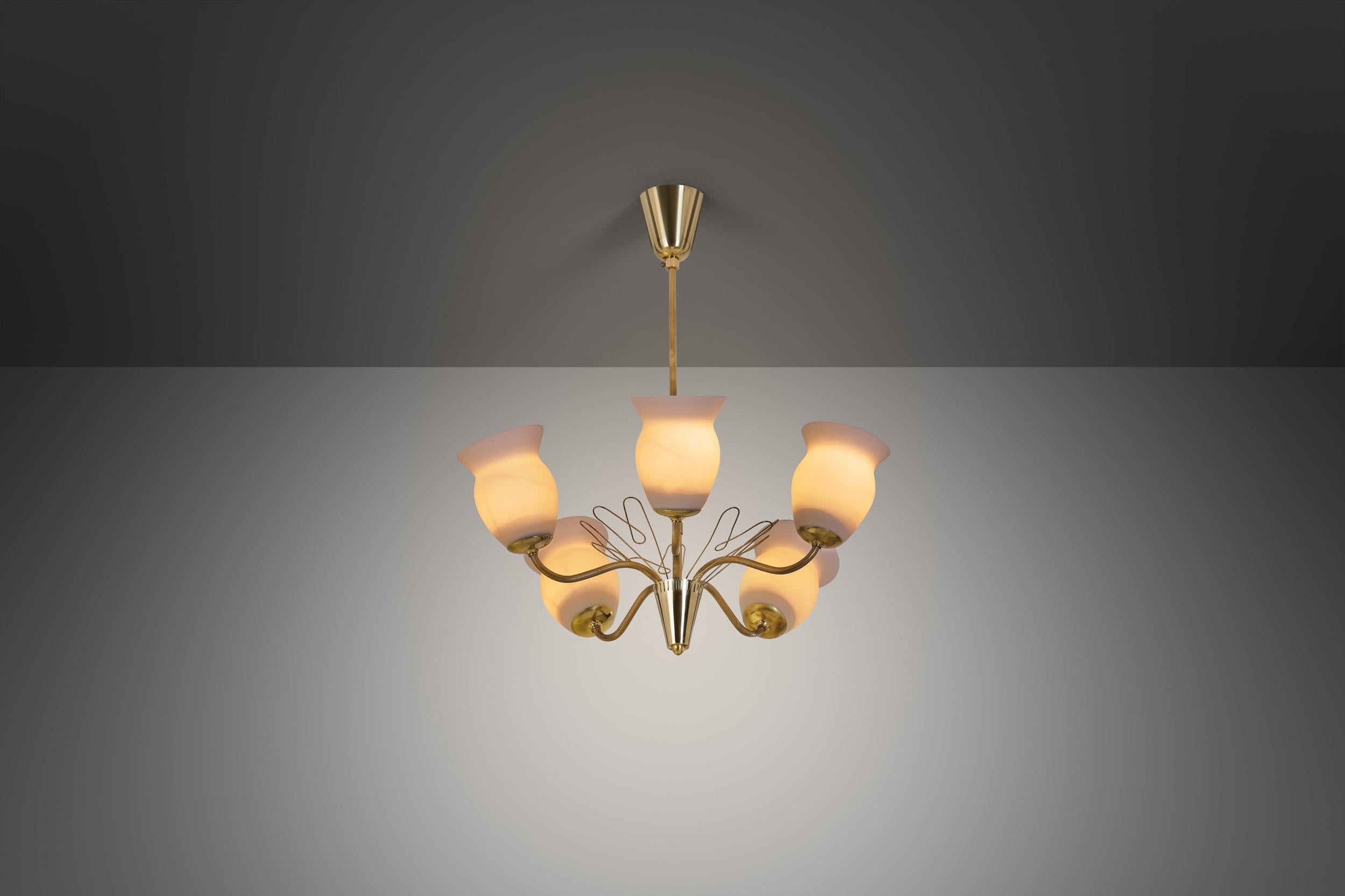 Brass and Opal Glass Chandelier by Idman Oy, Finland Mid-20th Century For Sale 1