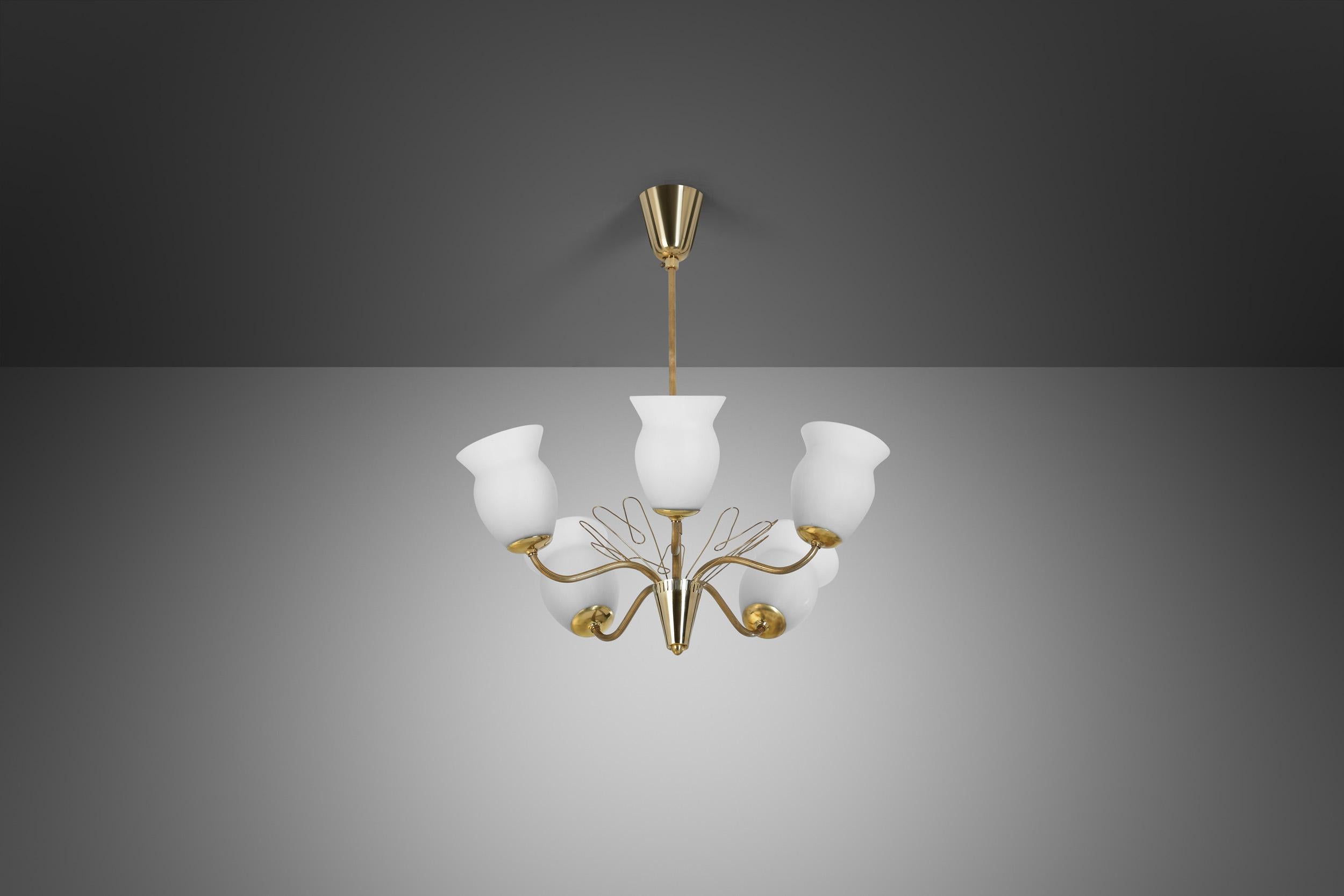 Brass and Opal Glass Chandelier by Idman Oy, Finland Mid-20th Century For Sale 2