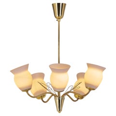 Brass and Opal Glass Chandelier by Idman Oy, Finland Mid-20th Century