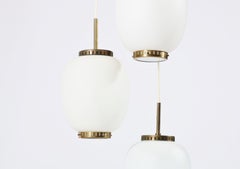 Brass and Opal Glass "China" Chandelier by Bent Karlby for Lyfa, Denmark, 1950s