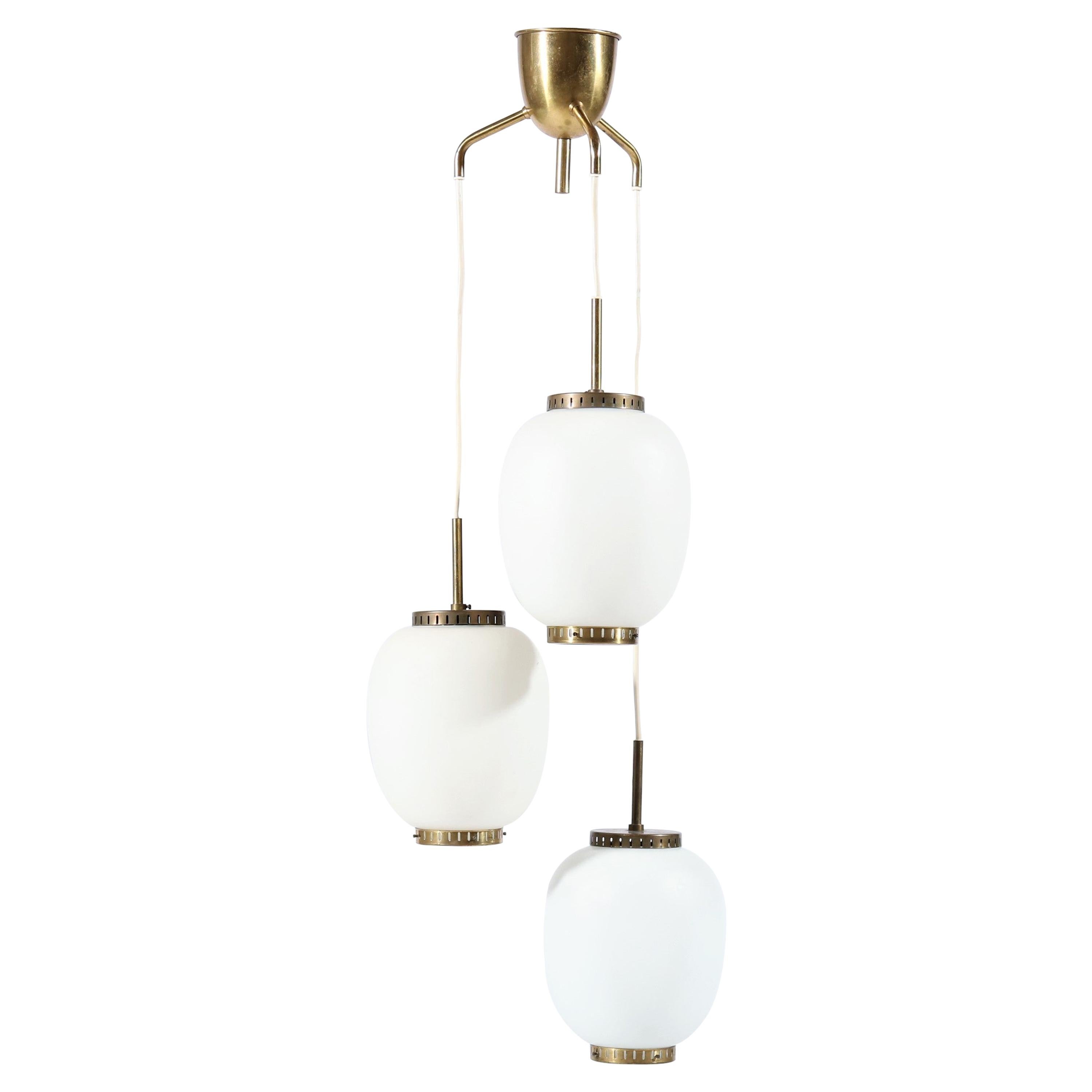 Brass and Opal Glass "China" Chandelier by Bent Karlby for Lyfa, Denmark, 1950s For Sale