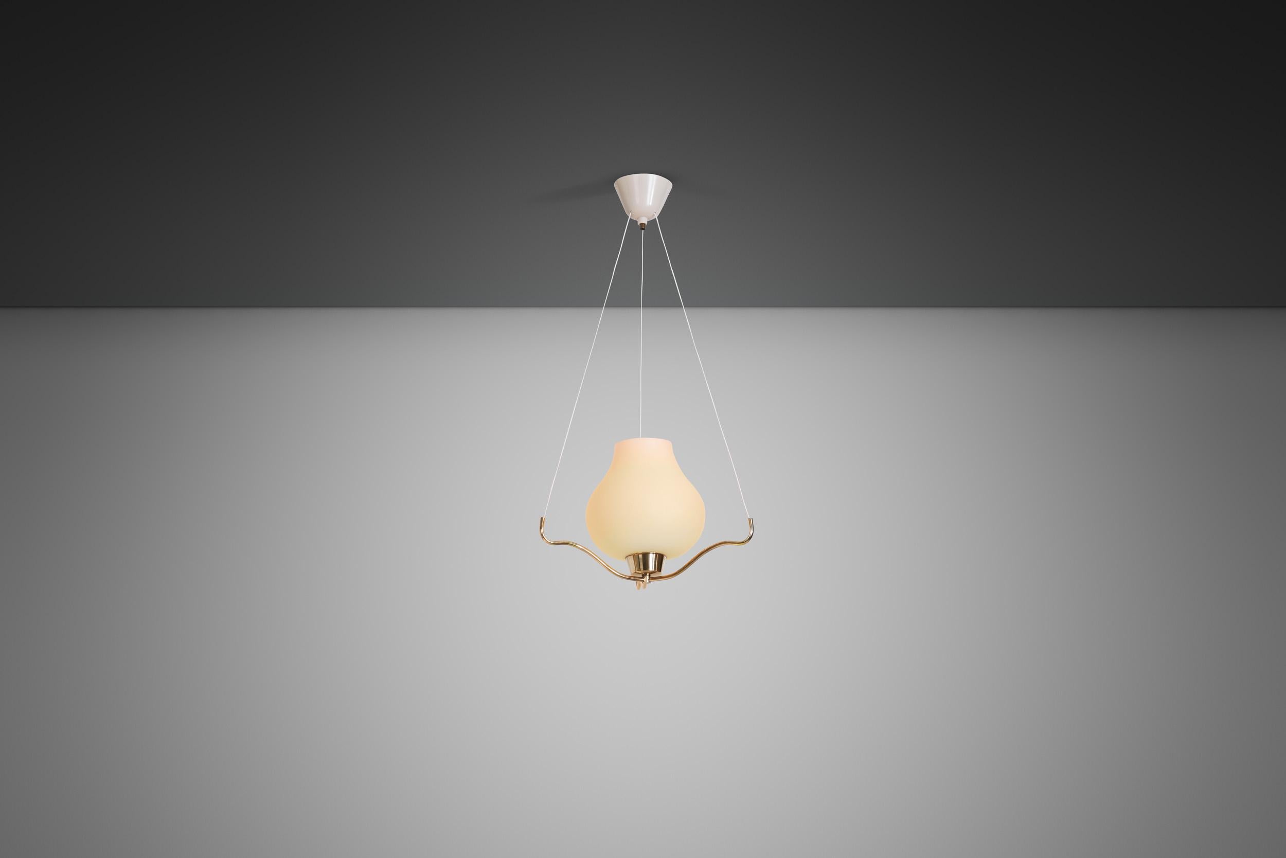 Brass and Opal Glass Pendant Ceiling Lamp by ASEA, Sweden 1950s For Sale 1