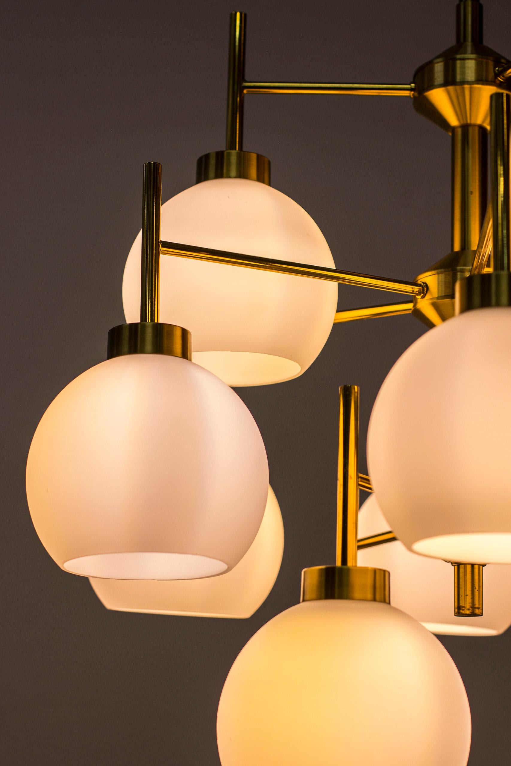 Brass and Opaline Chandeliers by Holger Johansson for Westal, Sweden, 1960s 3