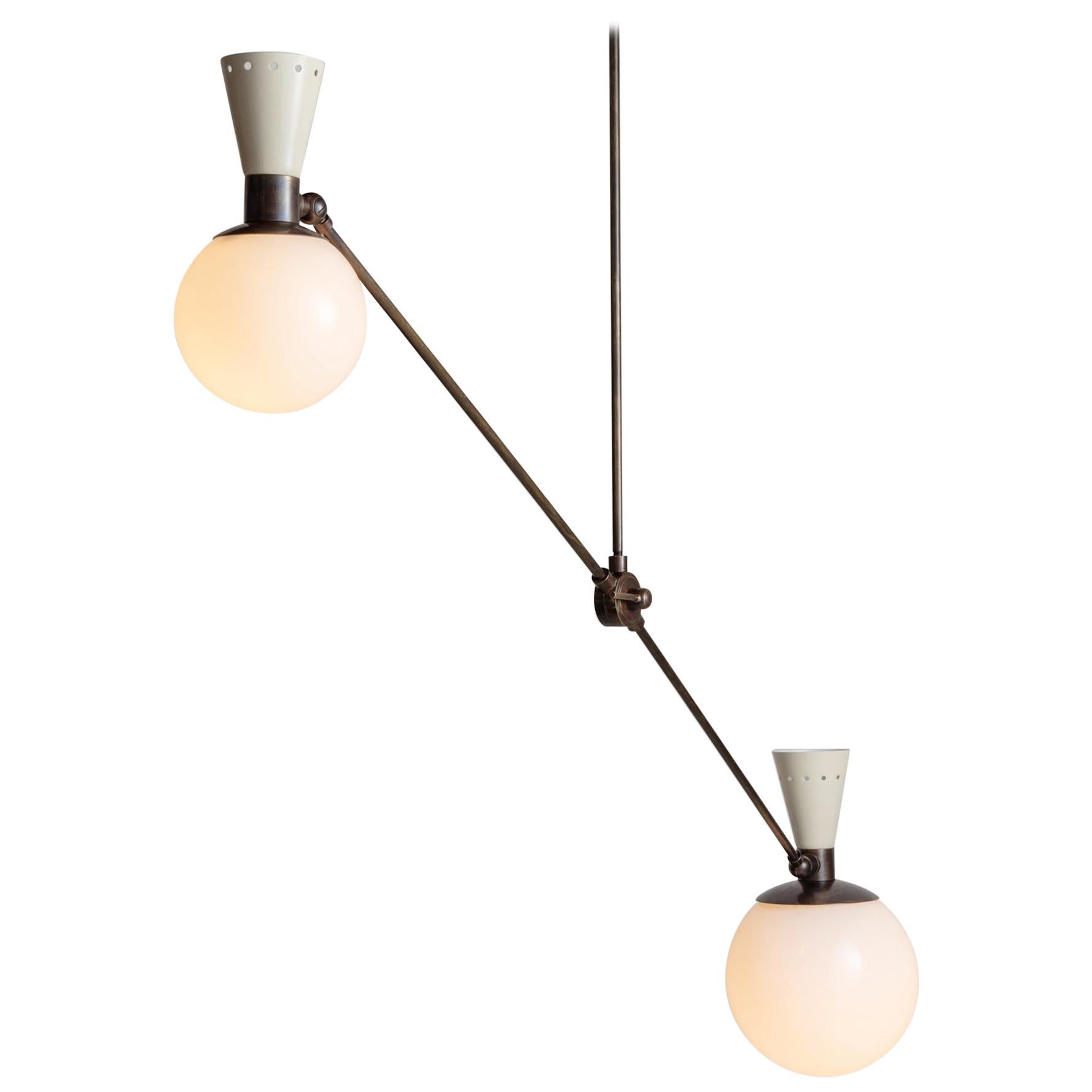 Brass and Opaline Counterbalance Lamp, Made in Italy