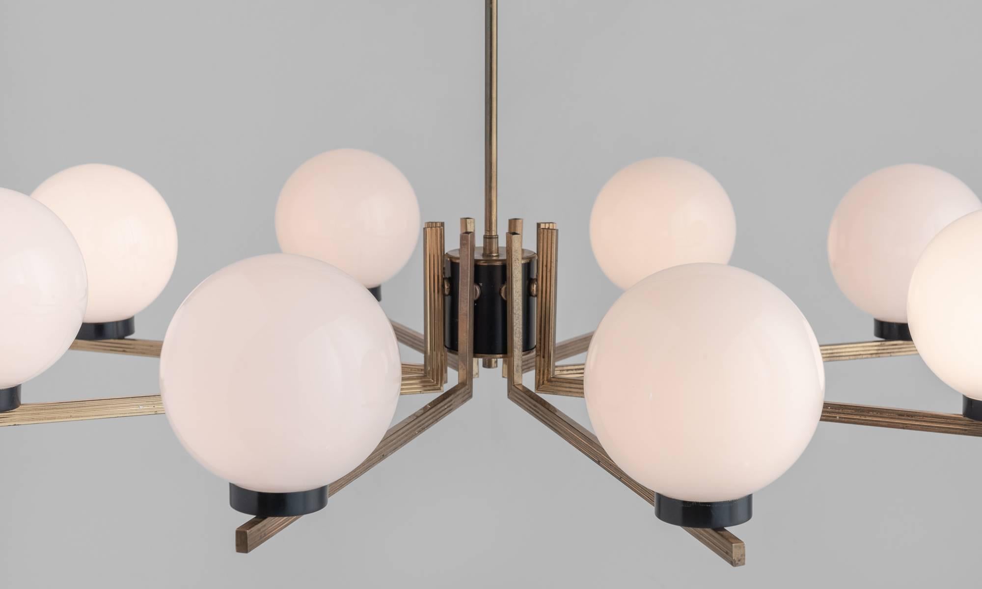 French Brass and Opaline Eight-Arm Chandelier, France, circa 1955