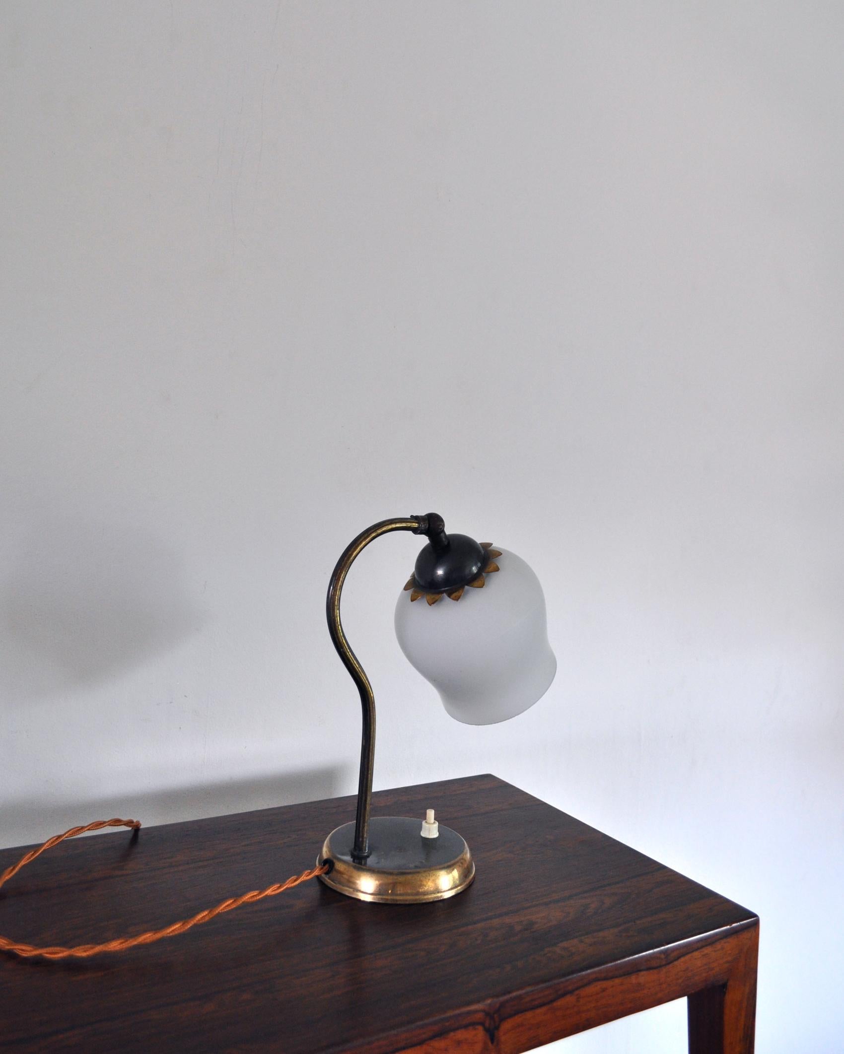 Scandinavian Brass and Opaline Glass Art Deco Table Lamp, Scandinavia, 1930s For Sale