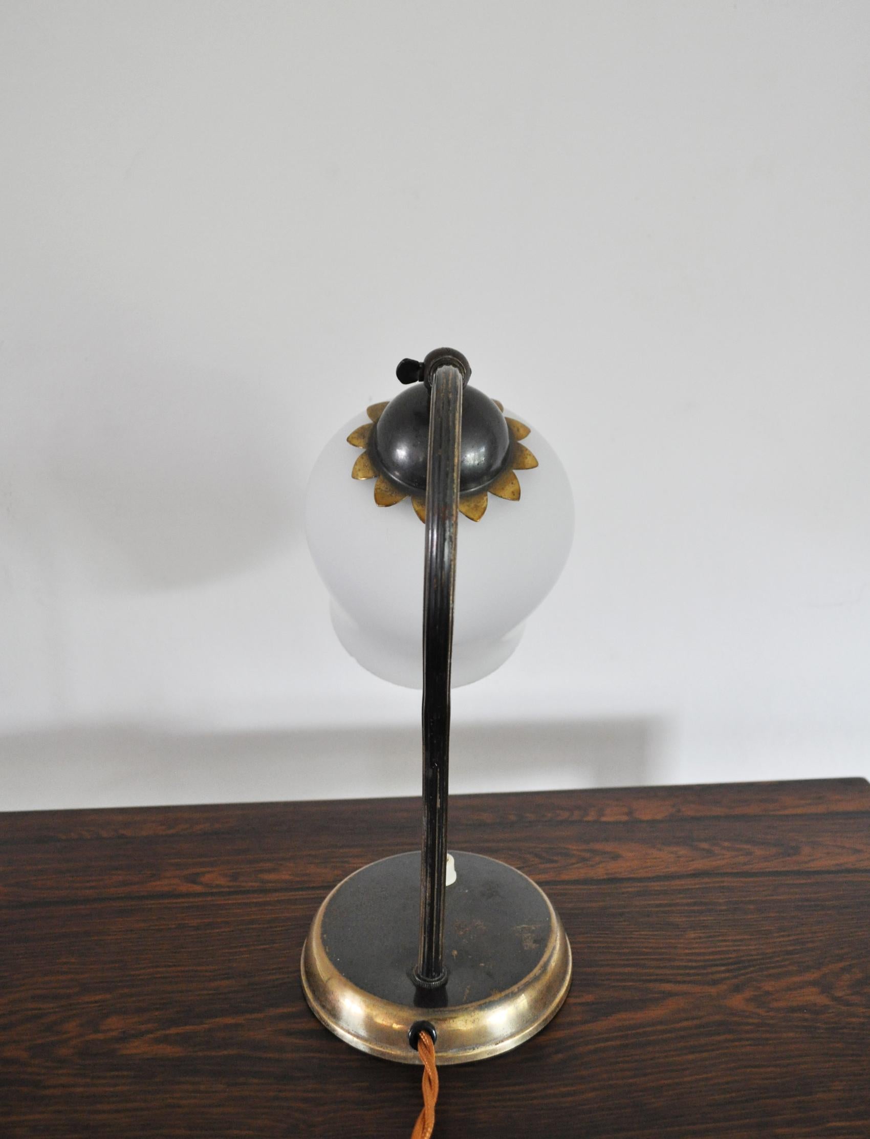 20th Century Brass and Opaline Glass Art Deco Table Lamp, Scandinavia, 1930s For Sale
