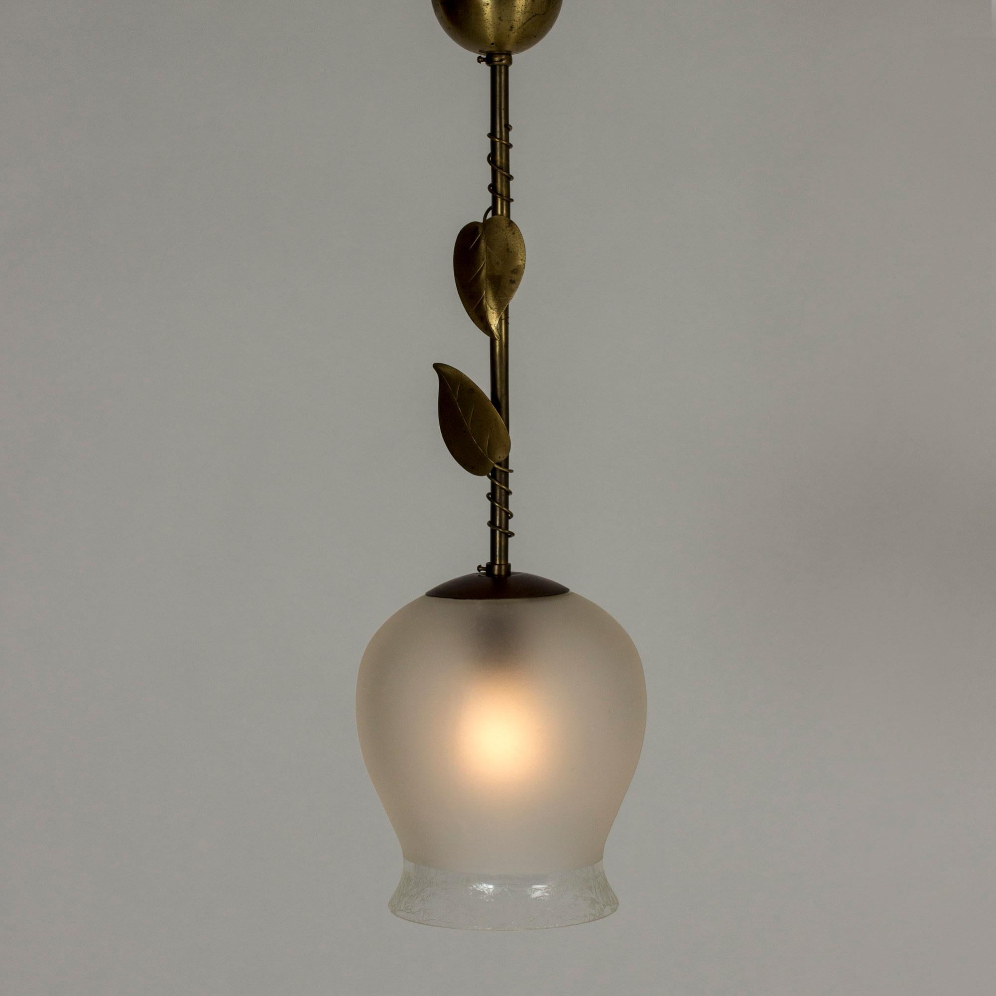 Lovely Swedish midcentury ceiling lamp, made from Opaline glass and brass. Large shade, brass stem encircled by a vine and decorated with appliquéd leaves.