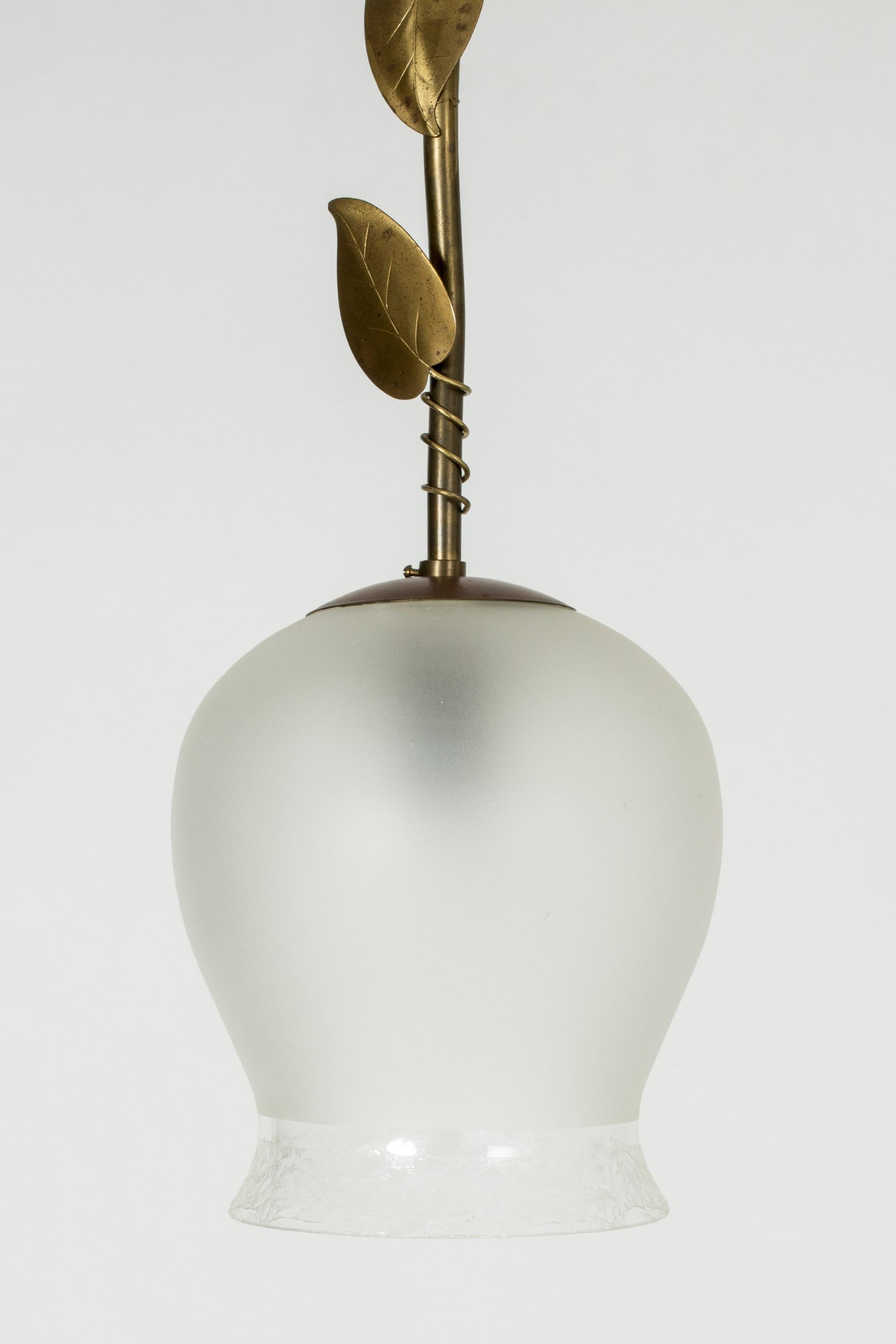 Scandinavian Modern Brass and Opaline Glass Ceiling Lamp, Swedish For Sale