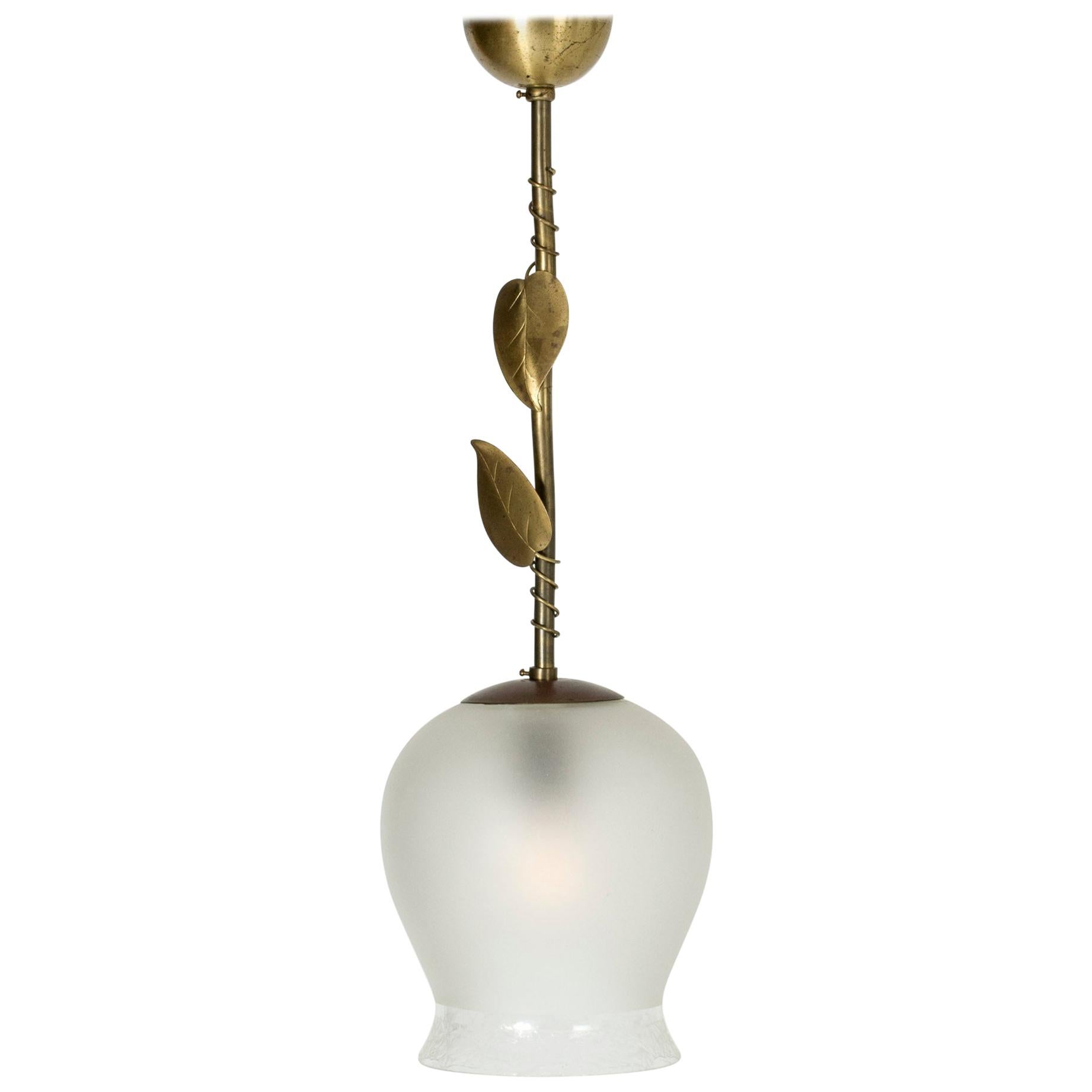 Brass and Opaline Glass Ceiling Lamp, Swedish For Sale