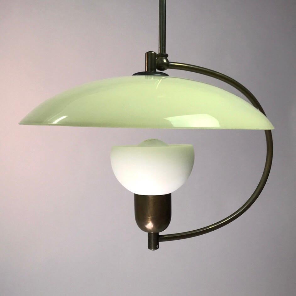 Mid-20th Century Brass and Opaline Glass Ceiling Light, Denmark, 1950s