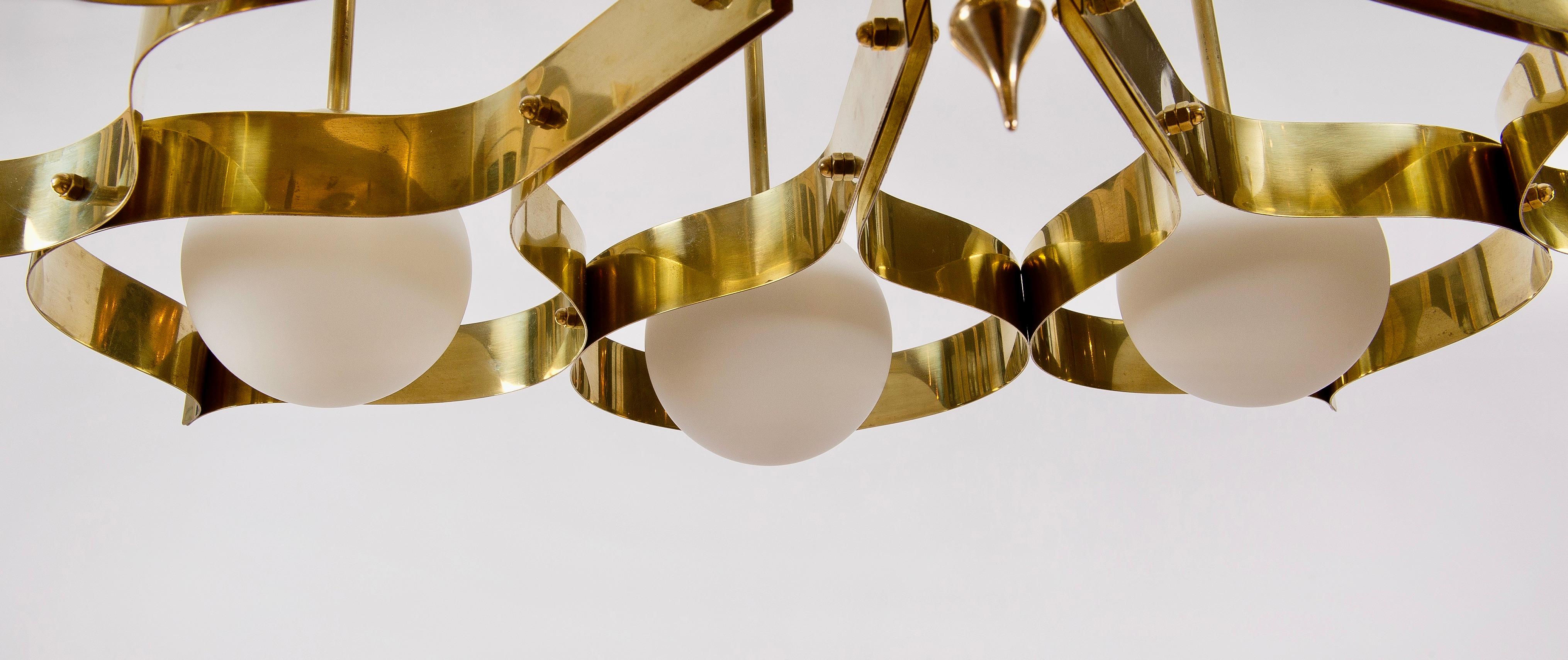 Mid-Century Modern Brass and Opaline Glass Ceiling Light in the Manner of Gio Ponti for Arredoluce