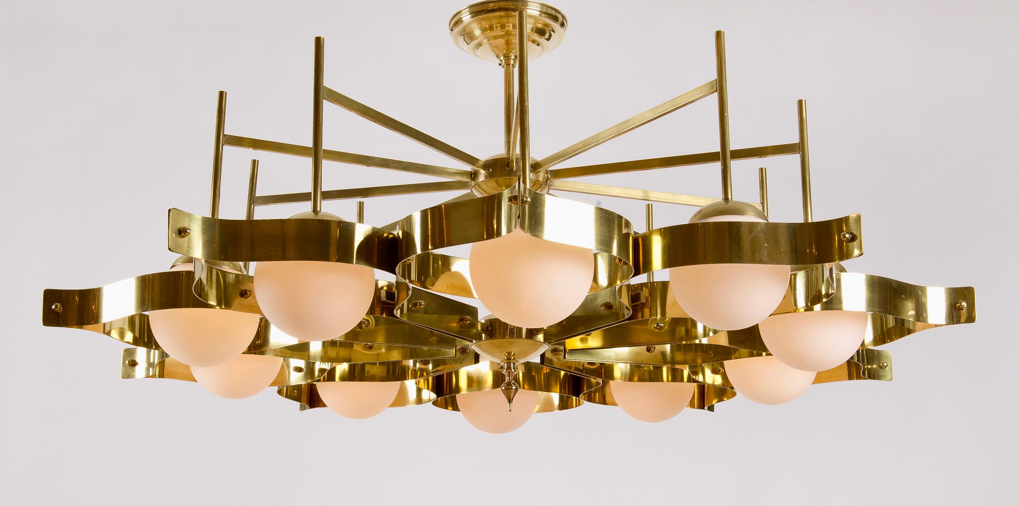 Brass and Opaline Glass Ceiling Light in the Manner of Gio Ponti for Arredoluce 1