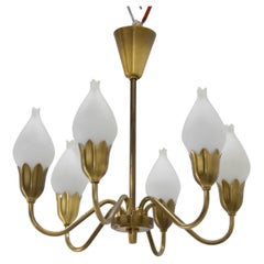 Brass and Opaline Glass Chandelier by Fog & Mørup, 1950s