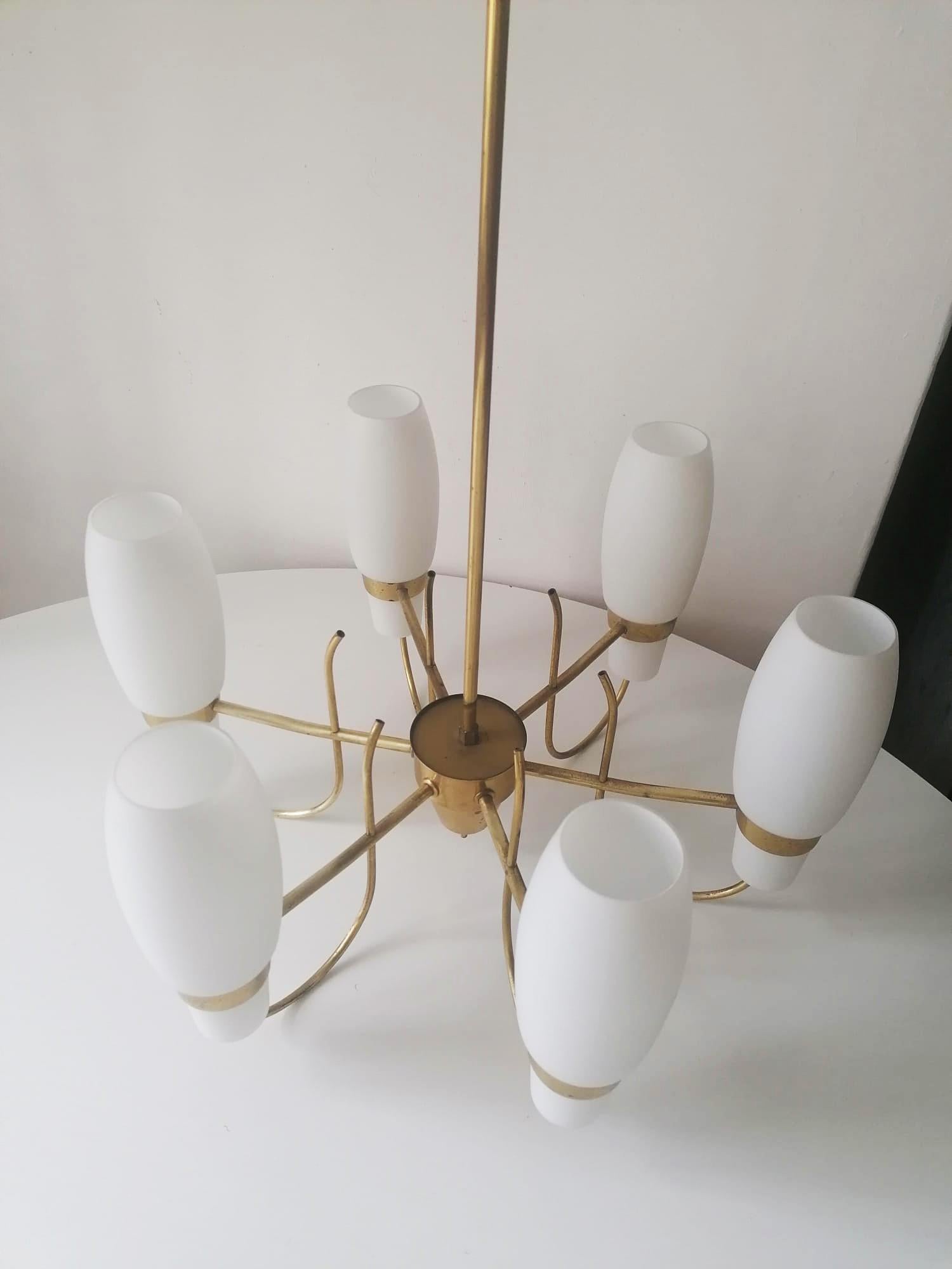 Brass and Opaline Glass Chandelier by Rupert Nikoll For Sale 5