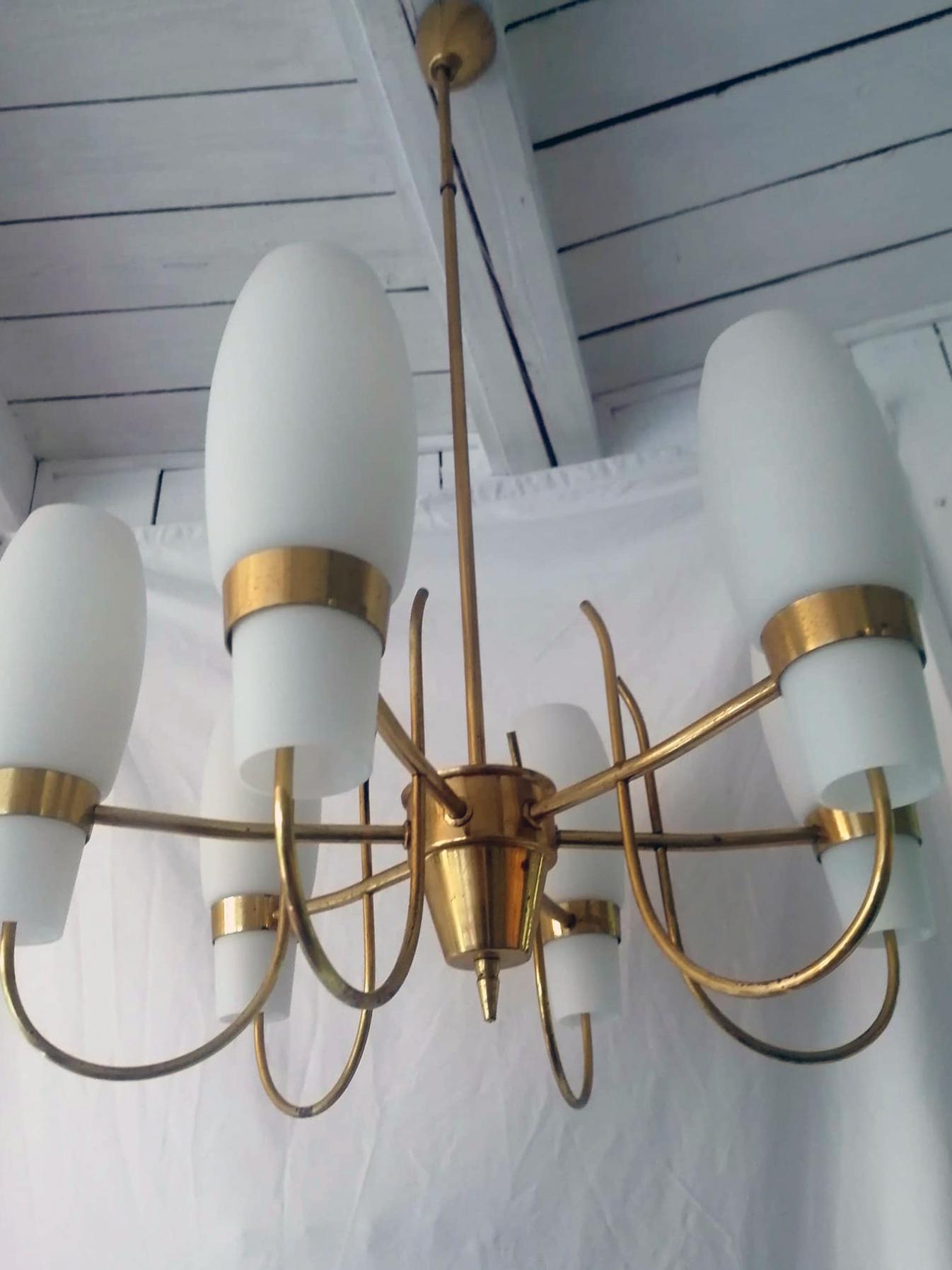 Brass frame with five arms each fitted with E14 socket and opaline glass shades. Made in Austria by Rupet Nikoll in the 1960s.