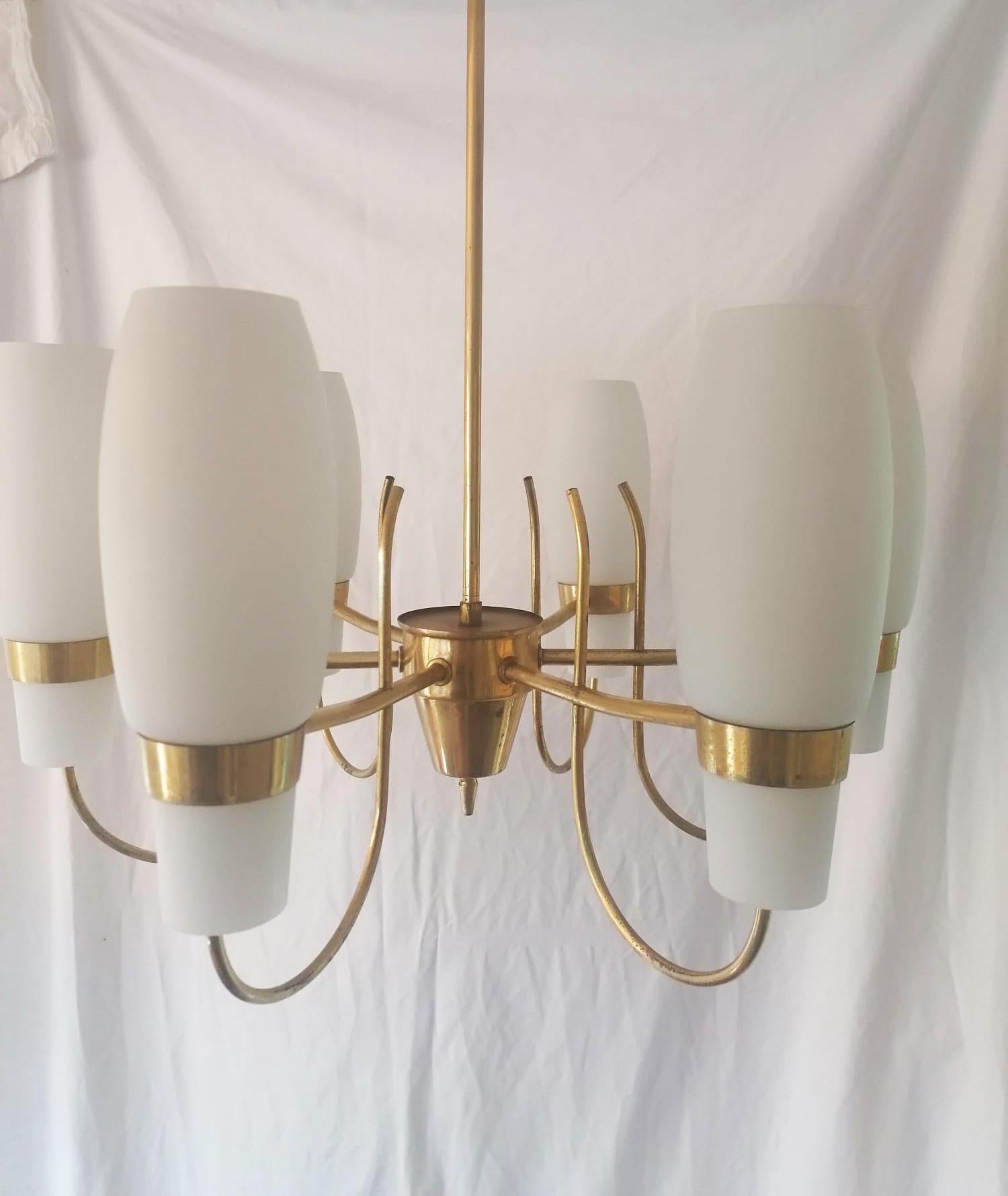 Mid-20th Century Brass and Opaline Glass Chandelier by Rupert Nikoll For Sale