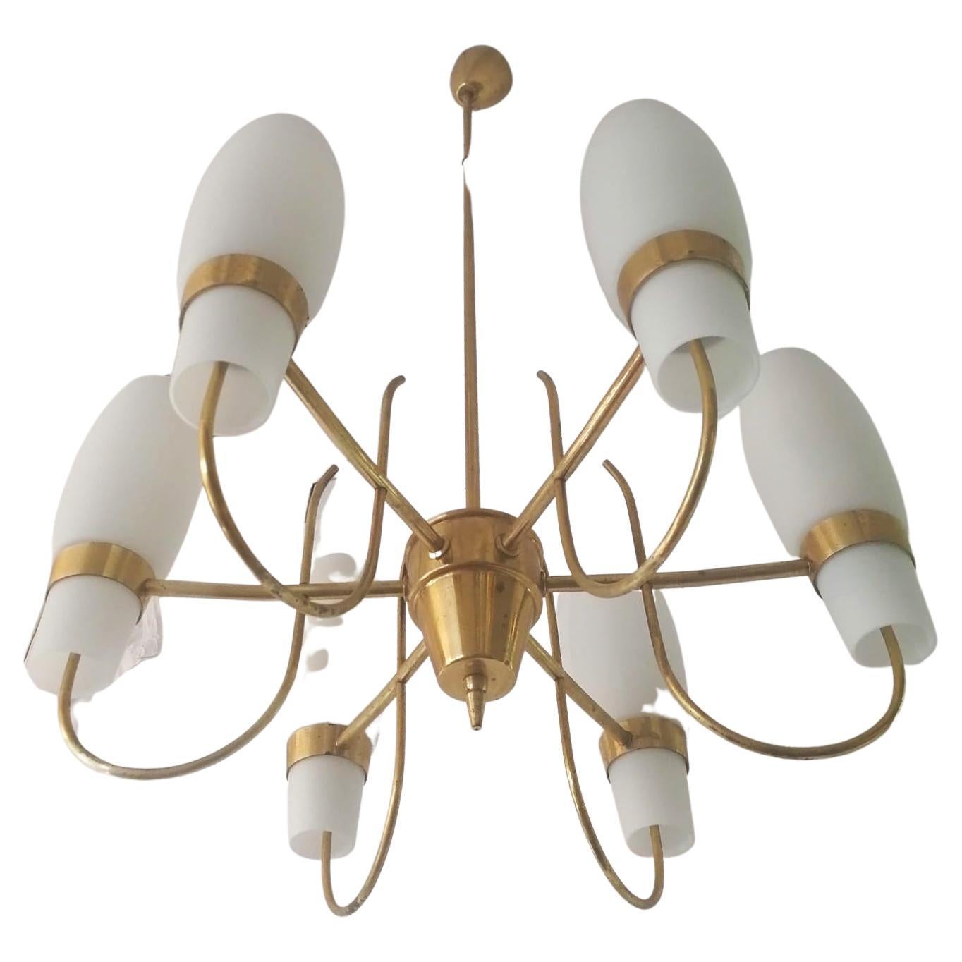 Brass and Opaline Glass Chandelier by Rupert Nikoll