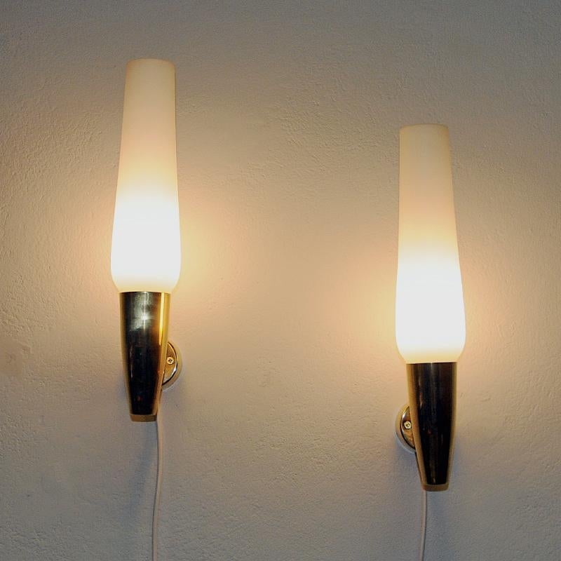 Scandinavian Modern Brass and opaline glass cylindershaped wall lamp pair by Asea - Sweden 1950s For Sale